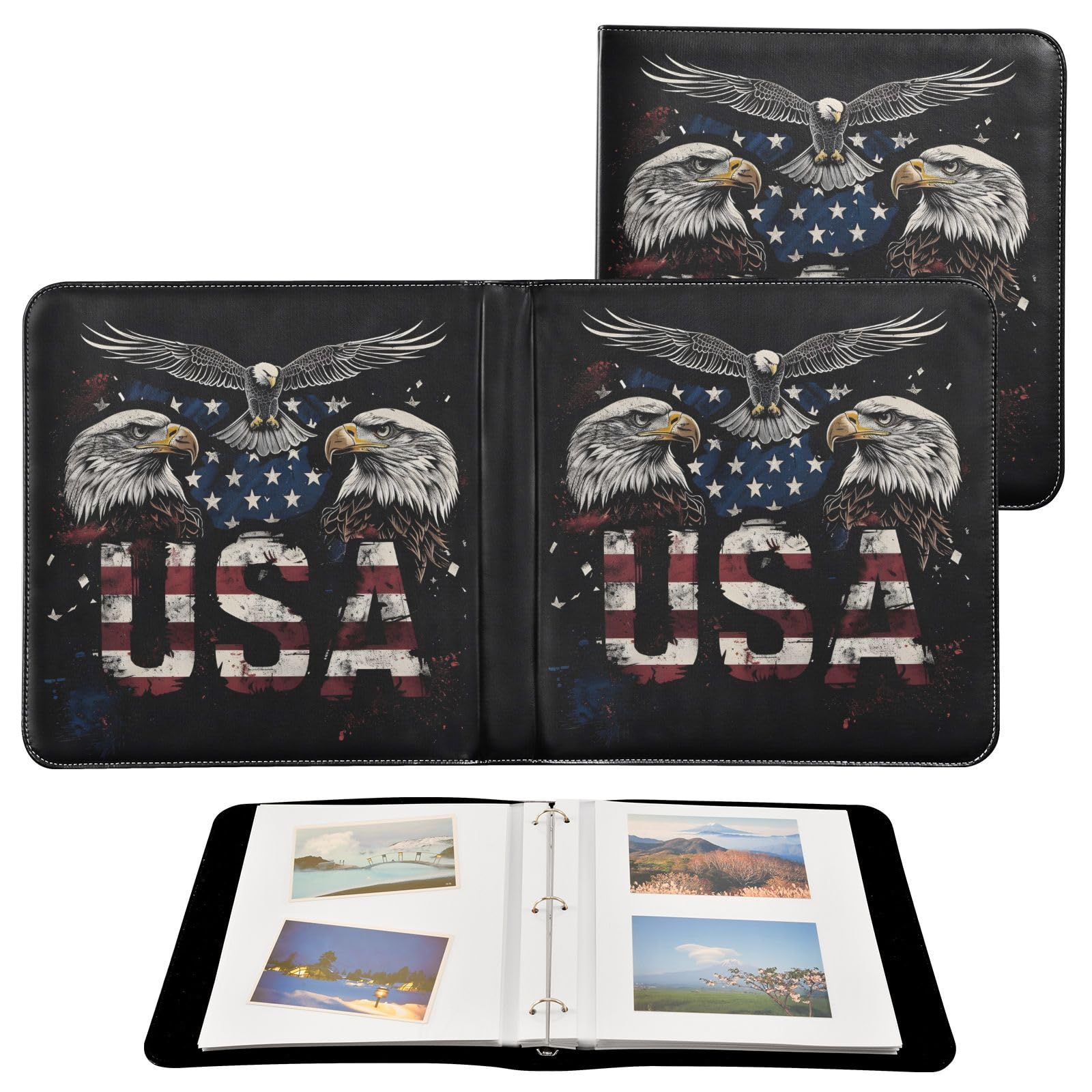 JIPONI Usa Flag Eagles Large Photo Album, DIY Leather Cover Scrapbook Albums for 4x6 5x7 6x8 Pictures, Self Adhesive Memory Book for Wedding, Baby, Family