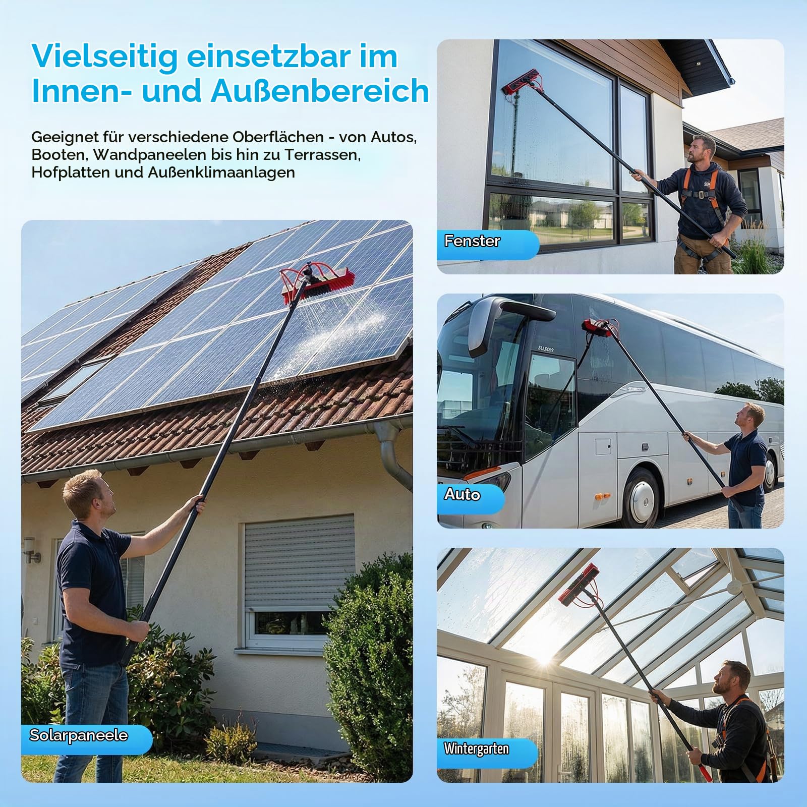 Teleskop Waschbürste mit Wasseranschluss, 4m Teleskopstange Fensterreinigung mit 180° verstellbarem Bürstenkopf & 4 integrierten Düsen, für Photovoltaikanlagen, Fenster, Wohnmobile & Auto