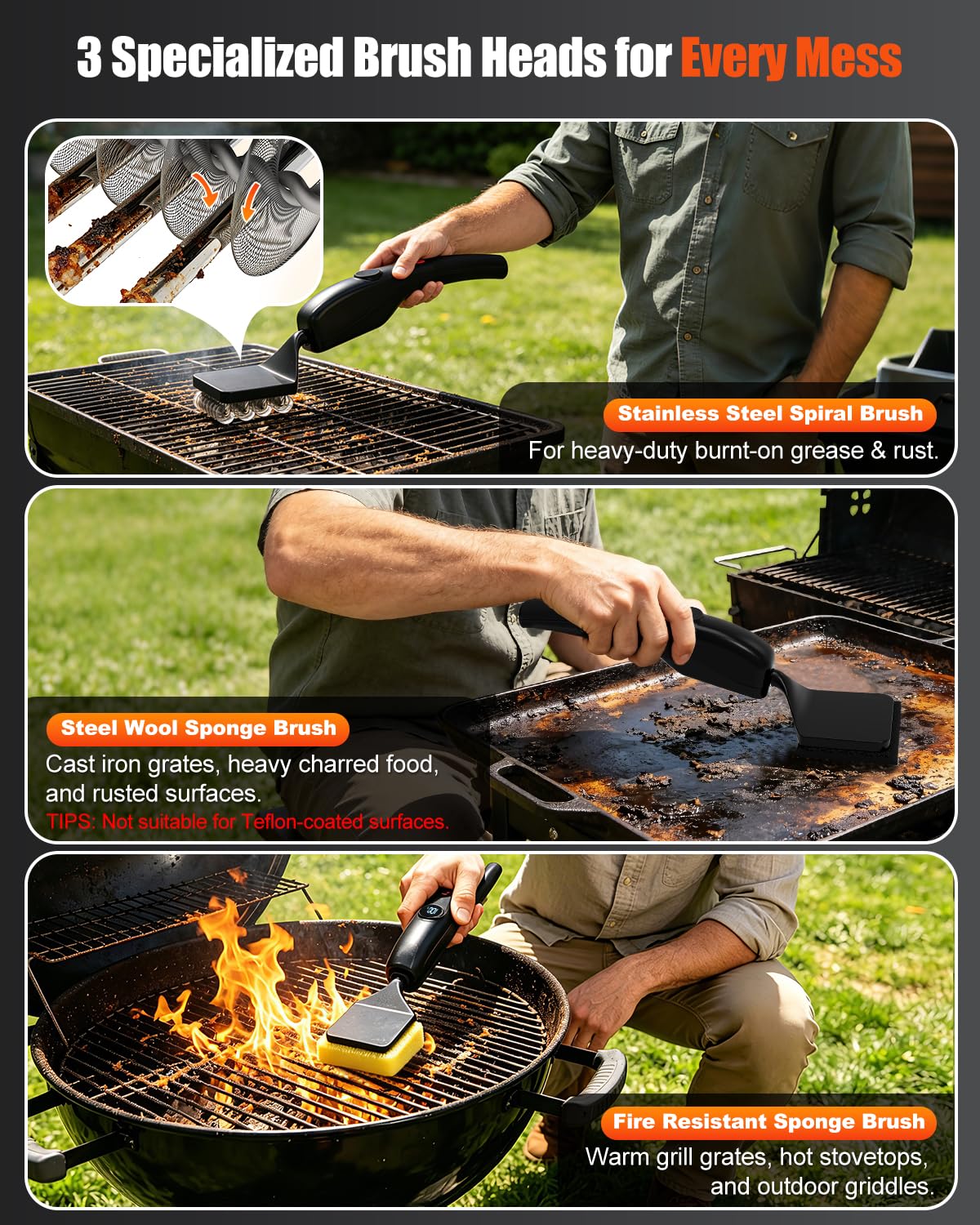 Elektrische Grillbürste mit Bürstenloser Motor, 3-in-1 Grillreiniger Elektrisch Set für Gasgrill & Holzkohlegrill, Inkl. 3 Arten von Ersatzköpfe, Geeignet für Edelstahl, Gusseisen und Emaillierung