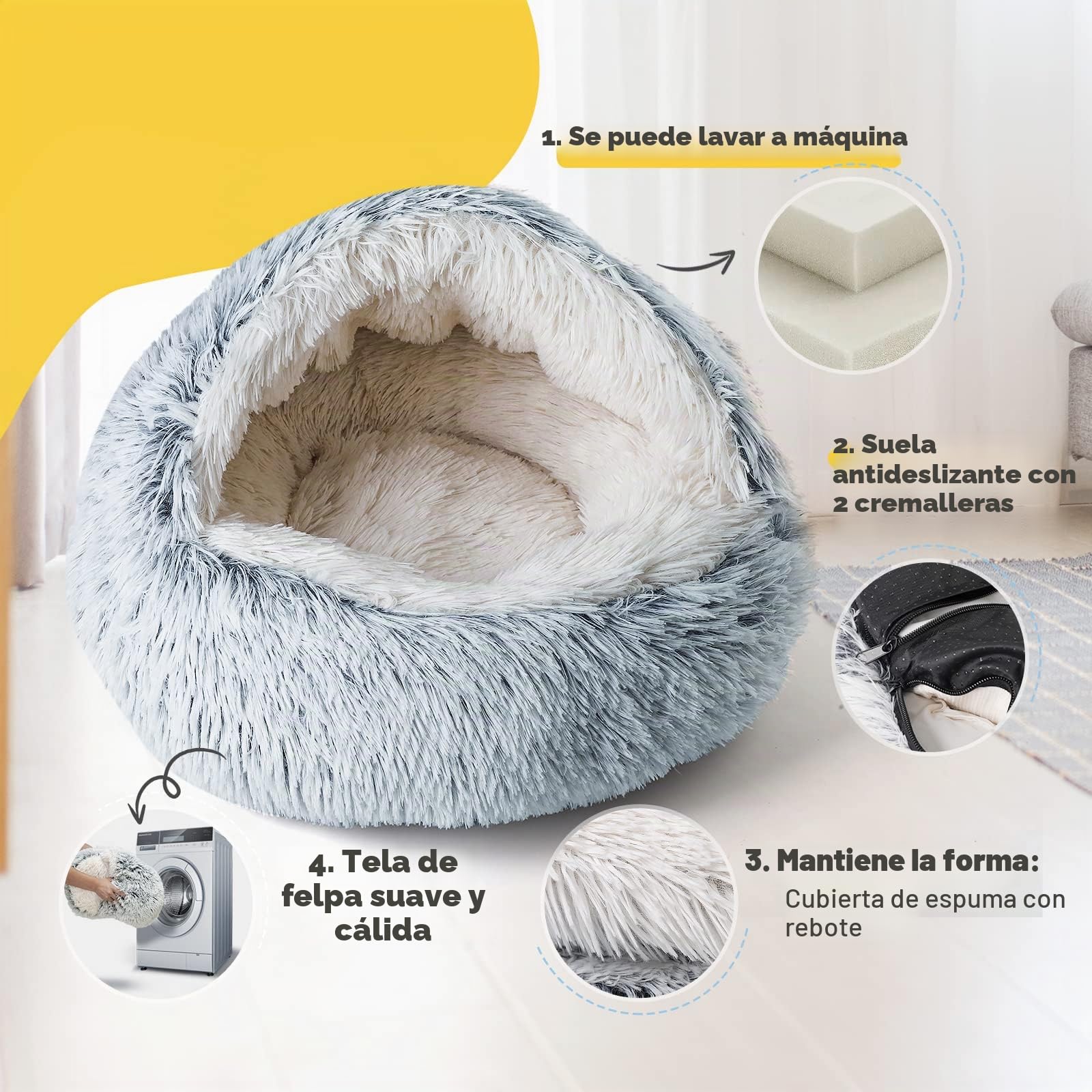 CATISM Cama Cueva Donut con Capucha para Gatos, Felpa 50cm, Gris | Casa de Cama de Donut de Felpa, Lavable, Cálida y Acogedora, Refugio cerrado para gatos que buscan privacidad