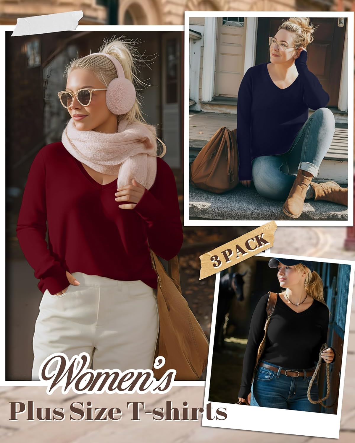 Huukeay 3 Pack Women's Plus Size Long Sleeve Shirts Thumb Holes V Neck Tunic Tops Loose Fit Curved Hem Casual 2026 Y2k Tees - Image 2