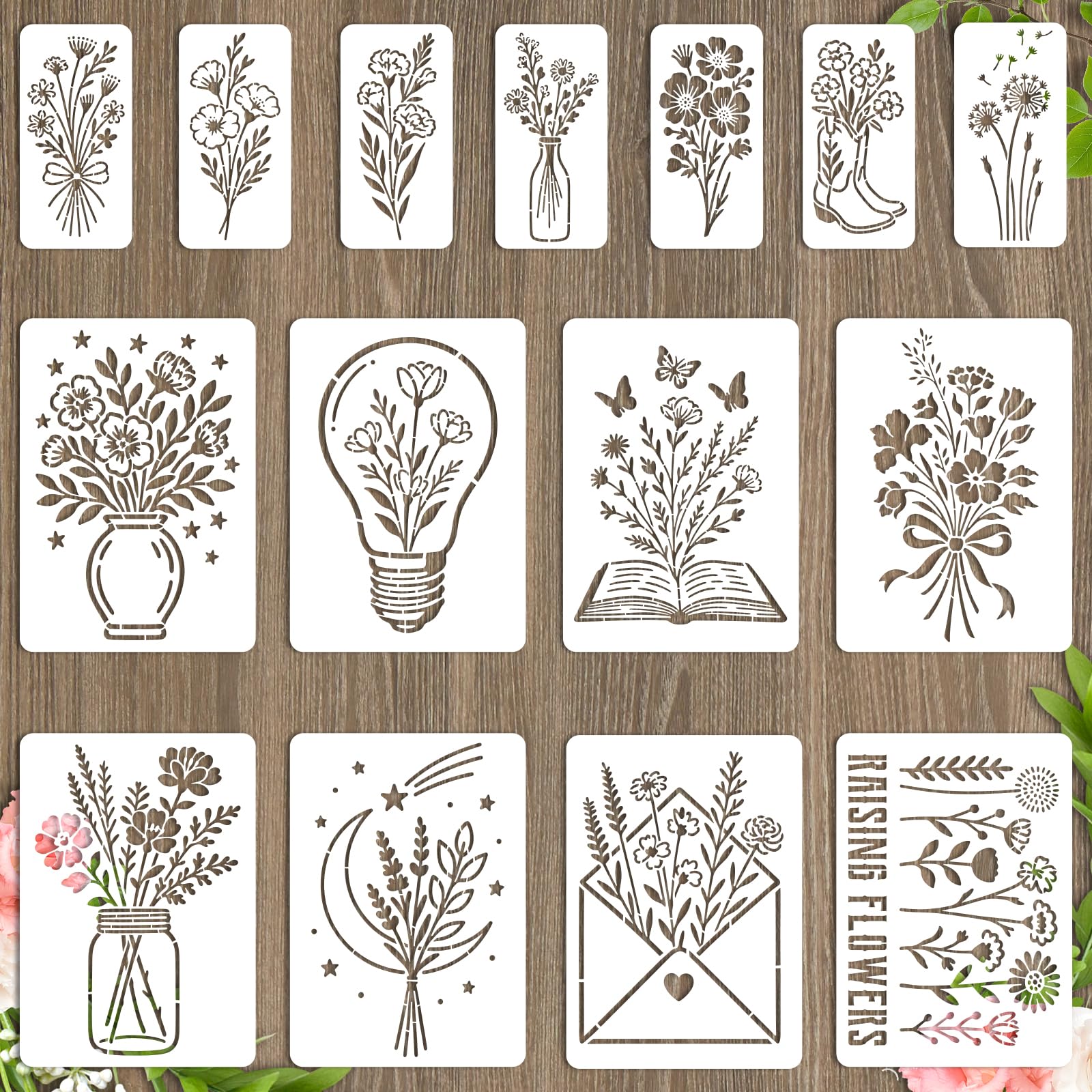 beinkmake 15Pcs Flower Bouquet Stencil PET Painting Templates Moon Inlay Border Stencils for Furniture Reusable DIY Craft for Wall Wood Fabric Canvas Paper Decor 11.7inch