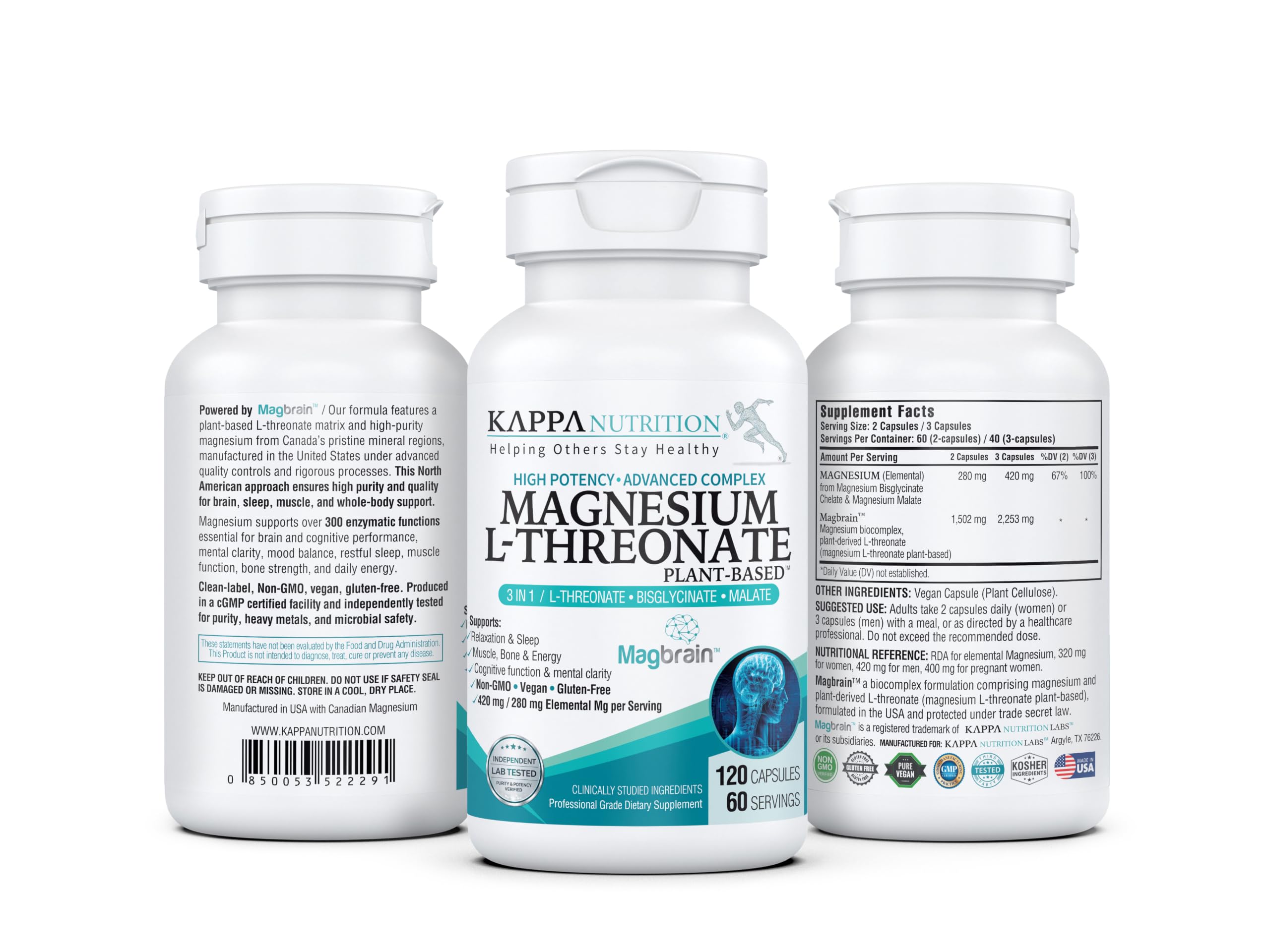 Kappa Nutrition Powered by Magbrain™ Magnesium L-Threonate Plant-Based, 420mg Elemental Magnesium (3 Capsules) from 2,253mg, 120 Vegan Capsules, Brain, Sleep & Muscle Support. — Amazon image 14