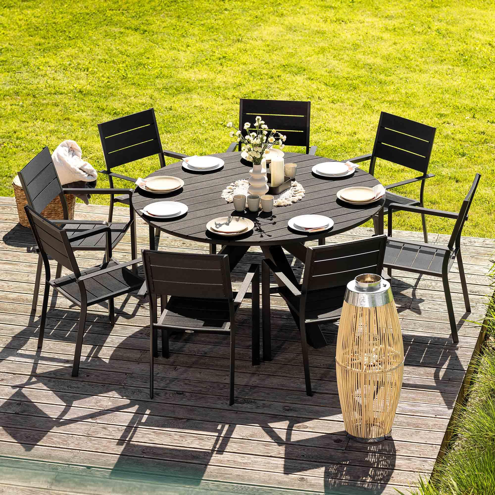 di volio Gartentisch Ravello 150 cm rund aus Aluminium Holzoptik wetterfest | 8 Personen, Nivellierfüße, X-Gestell, UV-beständig, pflegeleicht, leicht, Terrasse, Familienfeste