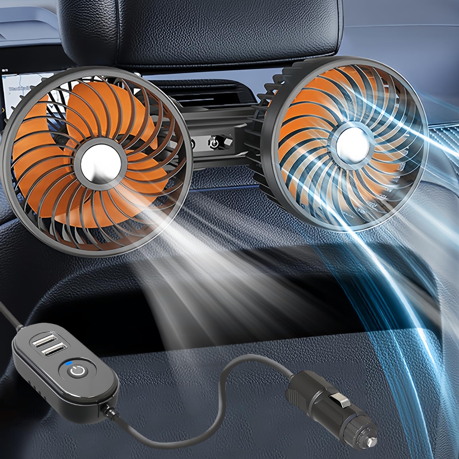 Ventilatore per auto, 12V/24V ventilatore per auto presa accendisigari, 3 velocità, doppia ventola girevole a 360 gradi, regolabile, ventola di raffreddamento, ventola a doppia testa per poggiatesta