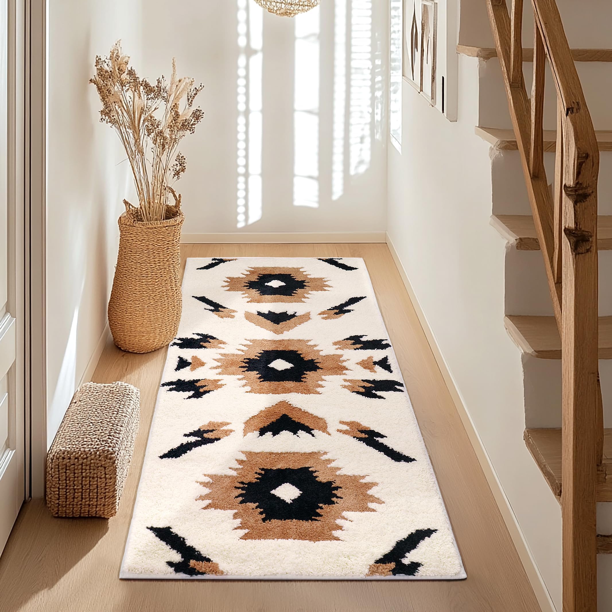 Tyrot Boho Long Bathroom Rugs Runner Non Slip Washable Western Aztec Bath Mats Rugs for Hallway Plush Soft Absorbent Farmhouse Carpet for Shower, Kitchen, 24x70 inch