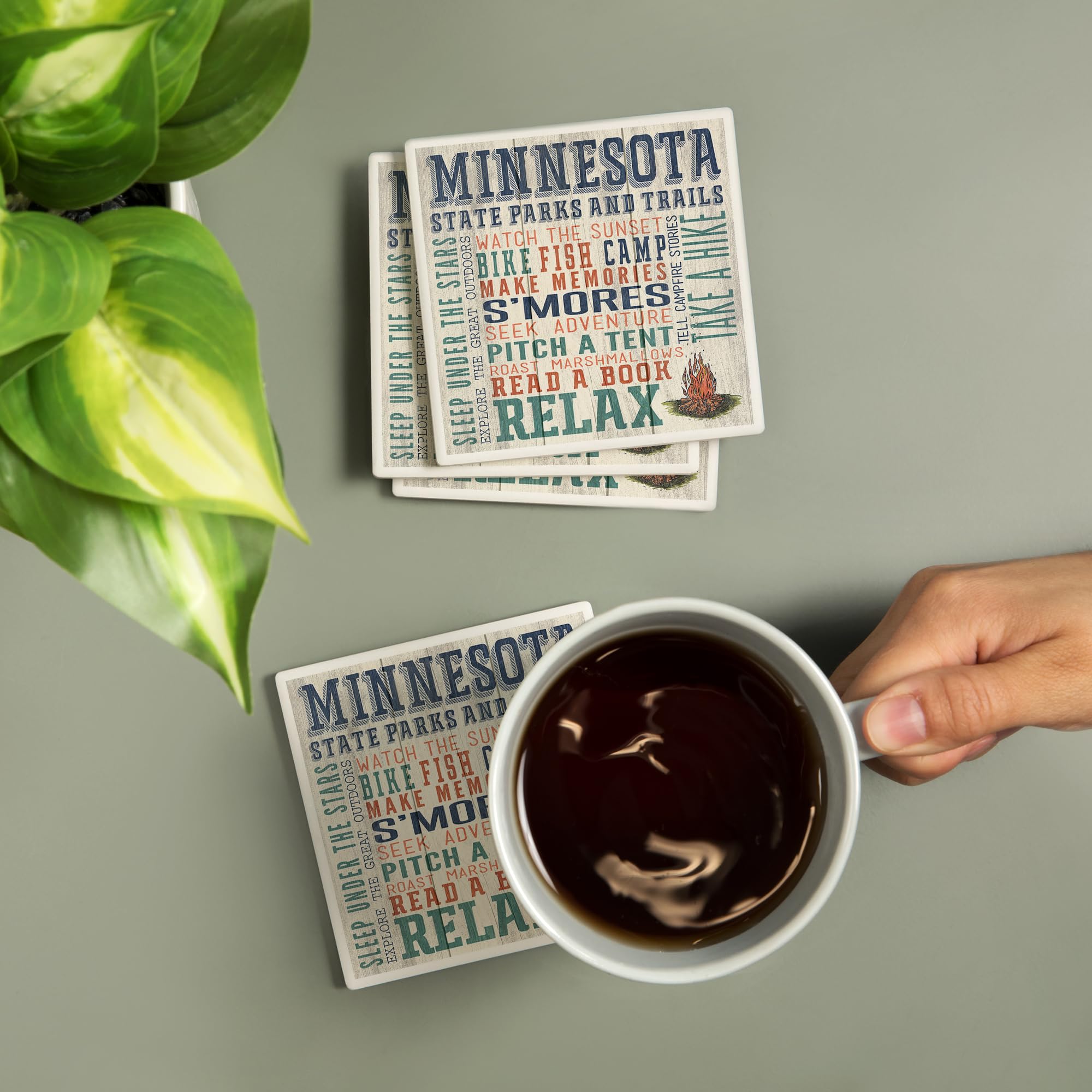 Minnesota State Parks, Campfire, Rustic Typography (Absorbent Ceramic Coasters Set of 4 Matching Images, Cork Back, Kitchen Table Decor)