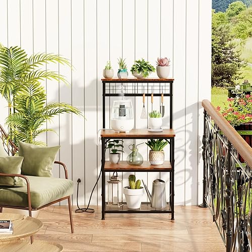 Miniatura 7 de Furologee Estante para hornear de cocina con toma de corriente, soporte para horno de microondas con almacenamiento de 4 niveles, mesa de café con 6