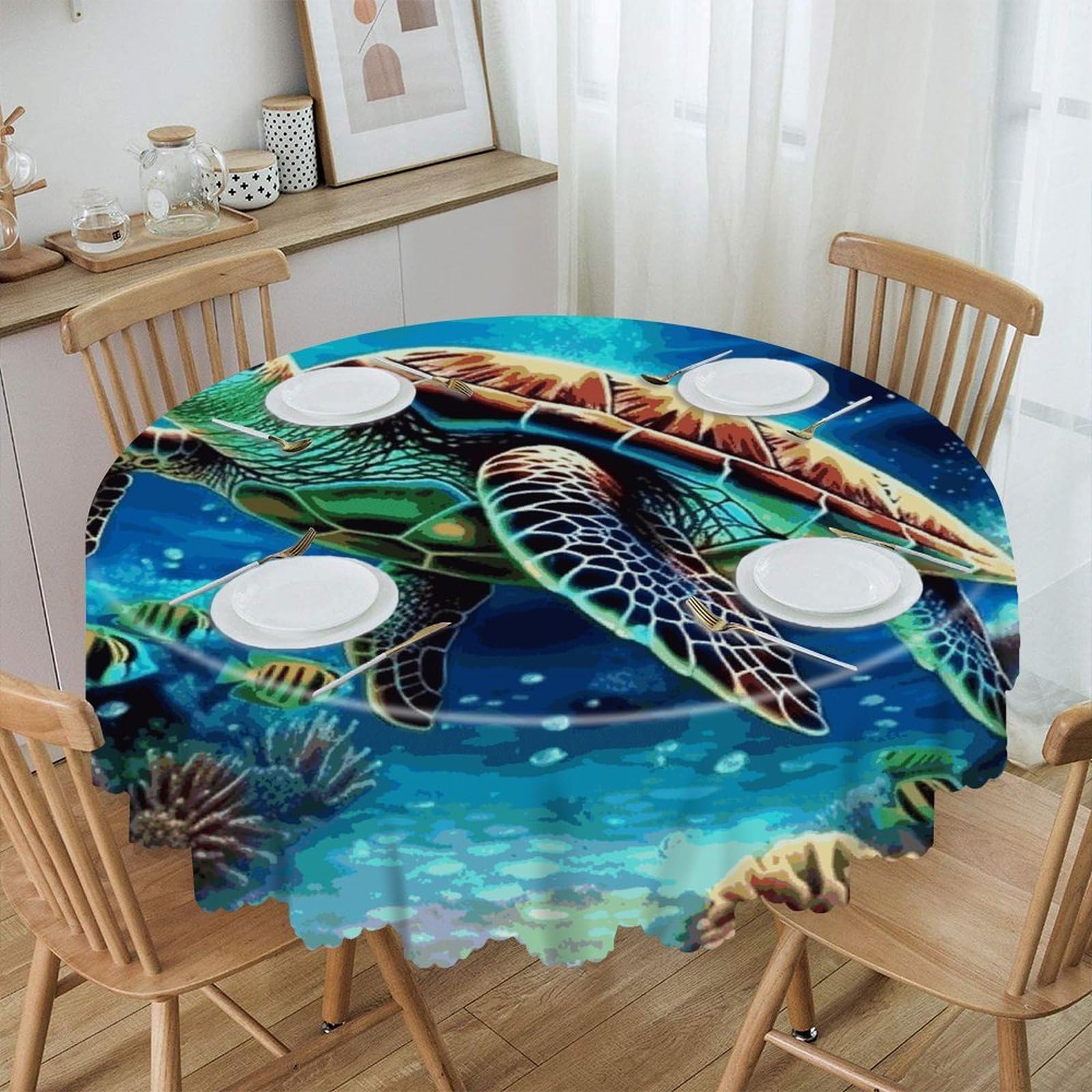 Adfgyerh Style Sea Turtles Diamond Painting Table Cloth Easy To Clean, Home Decor Lace Design, Soft And Comfortable, Round Tablecloth Suitable For Homes, Restaurants, Hotels, Patio Tables, Etc.