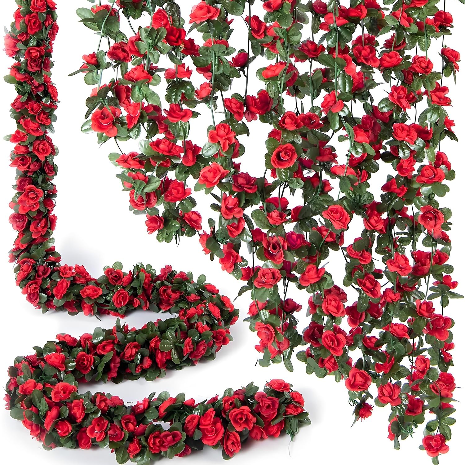3 Pcs 8FT Flower Garland Artificial Hanging Flowers Fake Rose Vines Ivy Silk Faux Flowers for Decoration/Anniversary/Wedding Birthday/Christmas/Home Decor/Garden Decor (Red)