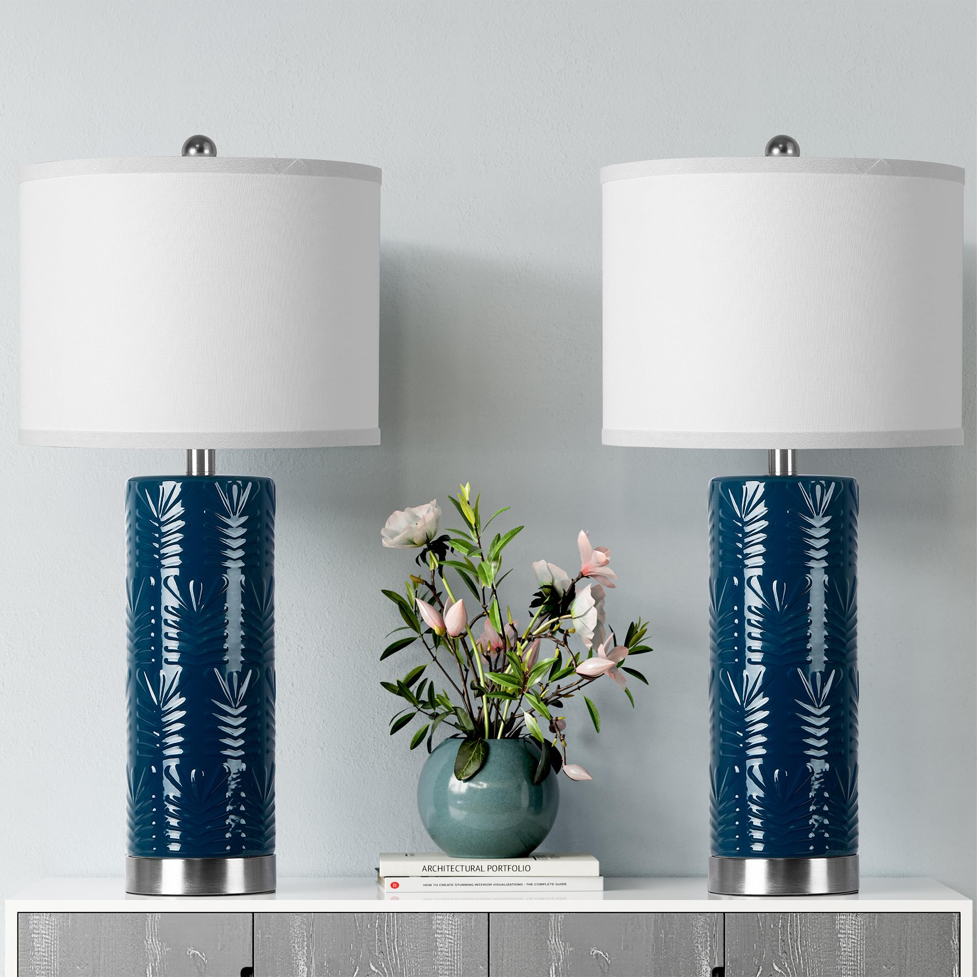 3-Way Dimmable Table Lamps Set of 2,Touch Control Bedside Lamps with USB & Type-C Ports,27" Modern Ceramic Lamps for Bedroom,Blue Embossed Flower Pattern Coastal Lamps for Living Room(Bulbs Included)