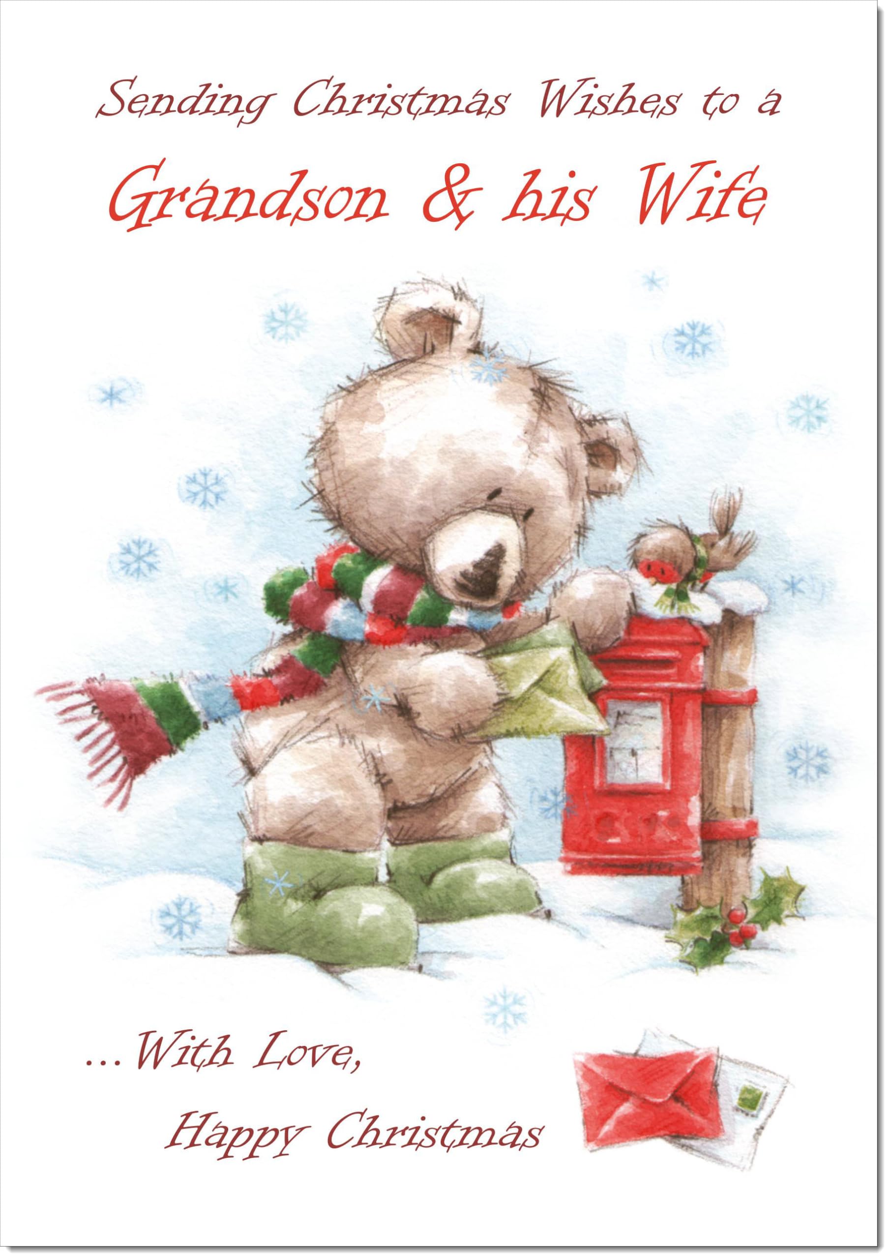 doodlecards Grandson and Wife Christmas Card Cute Bear at Post Box Large A4 Size Christmas Card for Grandson & Wife with Plain Envelope