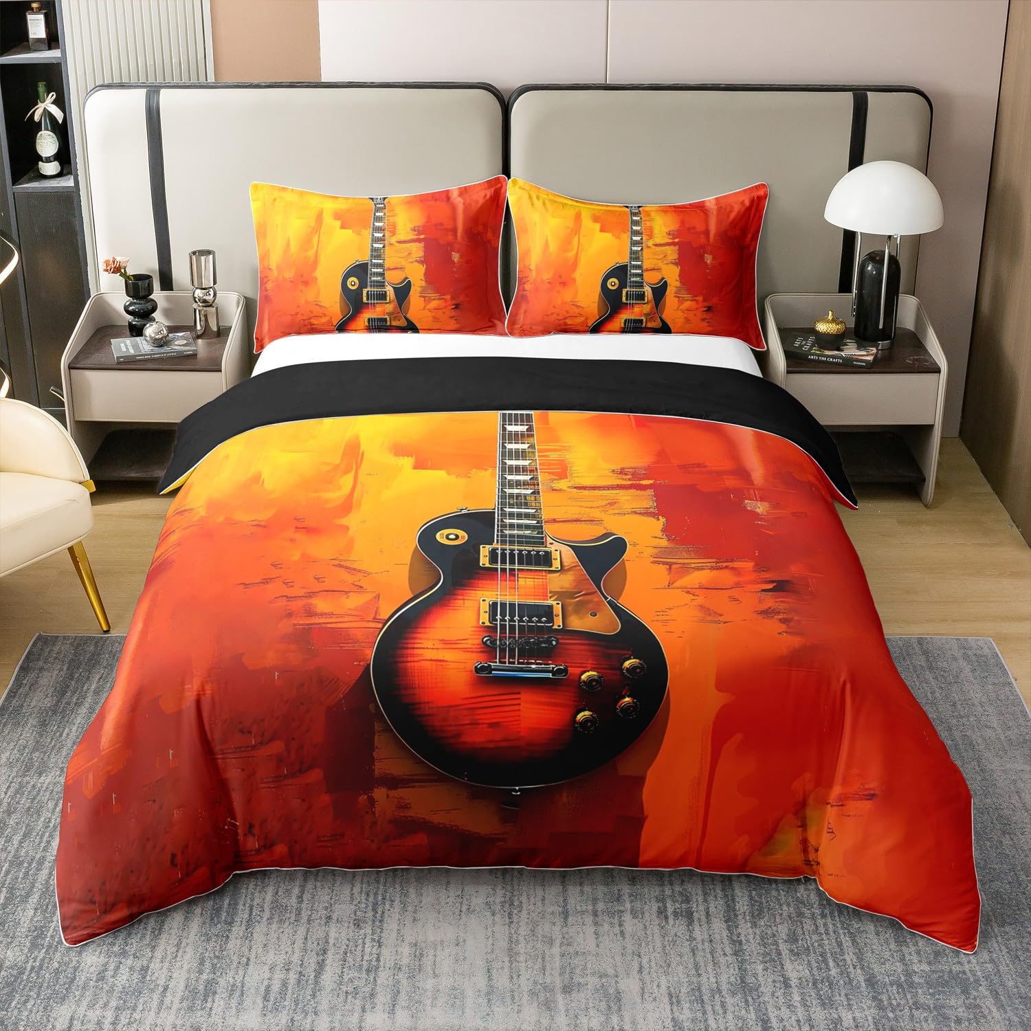 Homewish Parure de Lit Coton Cool Guitare Housse de Couette 140x200 Jaune et Orange Couvre Lit Instruments de Musique pour Adolescents Literie Thèmes de Musique Rock Dégradé D'Aquarelle
