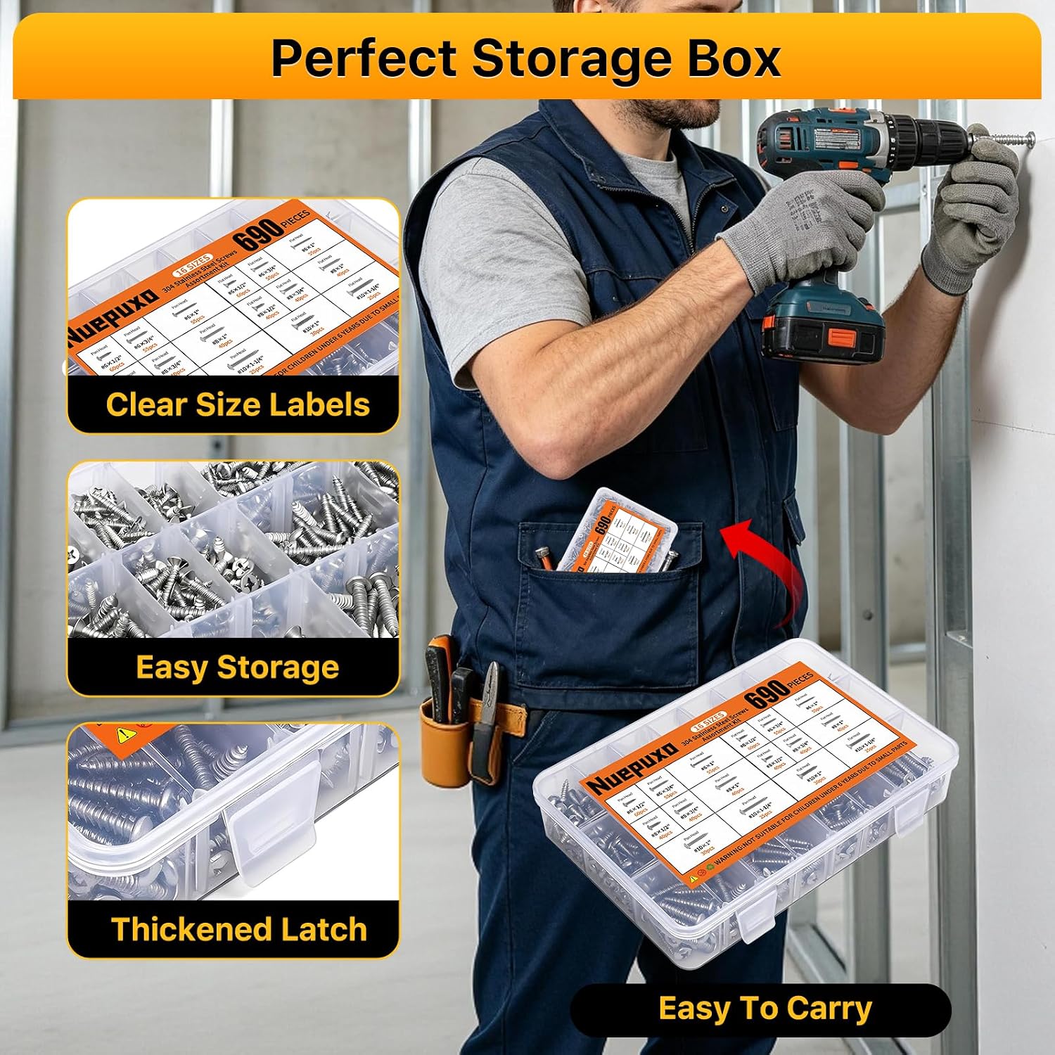 690PCS Wood Screws Assortment Kit, 304 Stainless Steel Screws