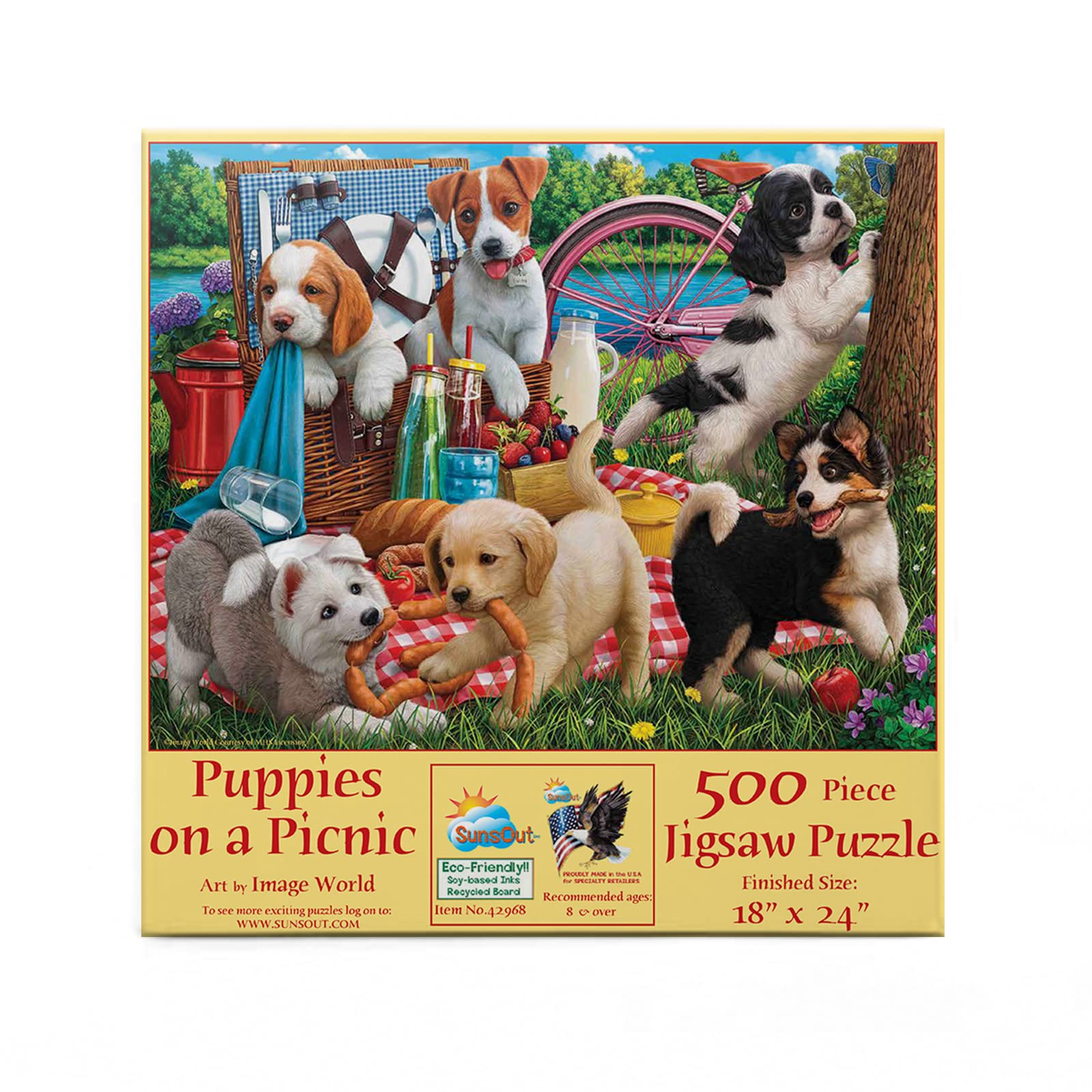 SUNSOUT INC - Puppies on a Picnic - 500 pc Jigsaw Puzzle by Artist: Image World - Finished Size 18" x 24" - MPN# 42968