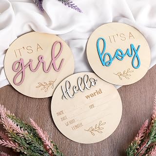 3PCS Welcome Baby Sign, Birth Announcement Sign, Its A Boy Its A Girl Wooden Signs,Gender Reveal Signs, Baby Name Announcement Signs for Newborn Boys And Girls, Hospital Shower Party Photo