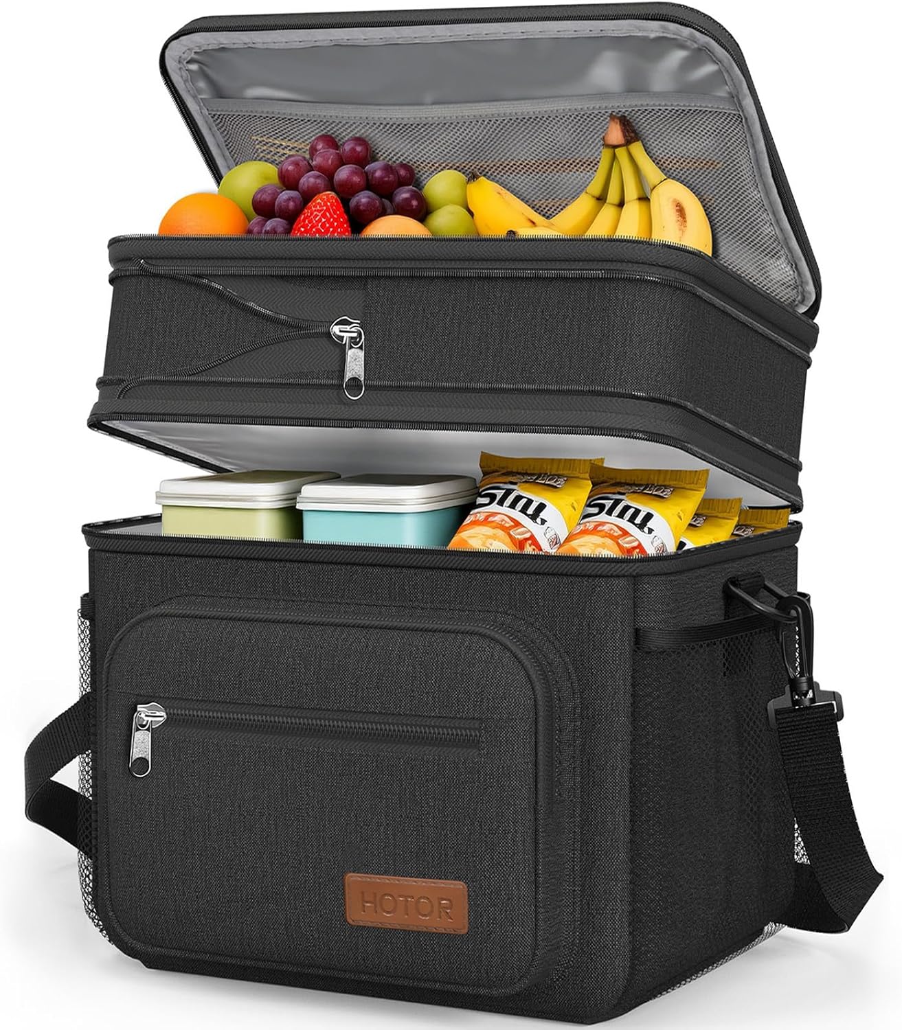 HOTOR Lunch Box for Men & Women - Double-Layer Insulated Lunch Bag with Leakproof Liner, Portable Cooler for Work, Travel, or Picnic, Black, 11.0" x 10.2" x 8.7"