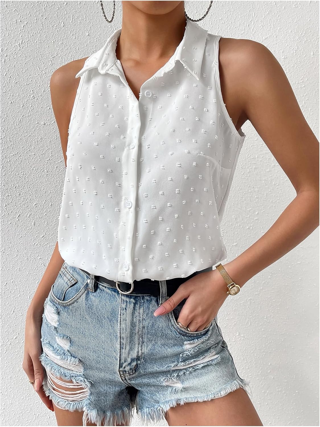 MAKEMECHIC Women's Dressy Bodysuit Shirt Collared Swiss Dots Sleeveless Button Down Tank Tops - Image 6