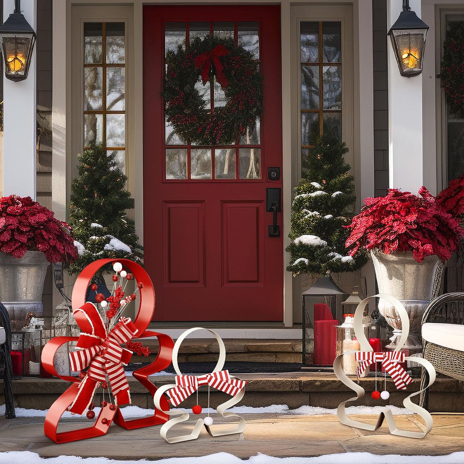 Vercraft 3 Pcs 22'' 16'' 11'' Oversized Large Gingerbread Man Outdoor Christmas Decorations Giant Gingerbread Christmas Decorations with Red Stripe Bow for Xmas Holiday Front Door Indoor Outdoor Decor