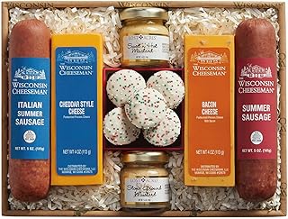 The Wisconsin Cheeseman 7-Piece Pairing Assortment – Summer Sausage Meats and Cheeses Gift Basket with Mustards and Bon Bon Cookies Holiday Thank You Gift for Adults, Women, and Men Charcuterie Ready