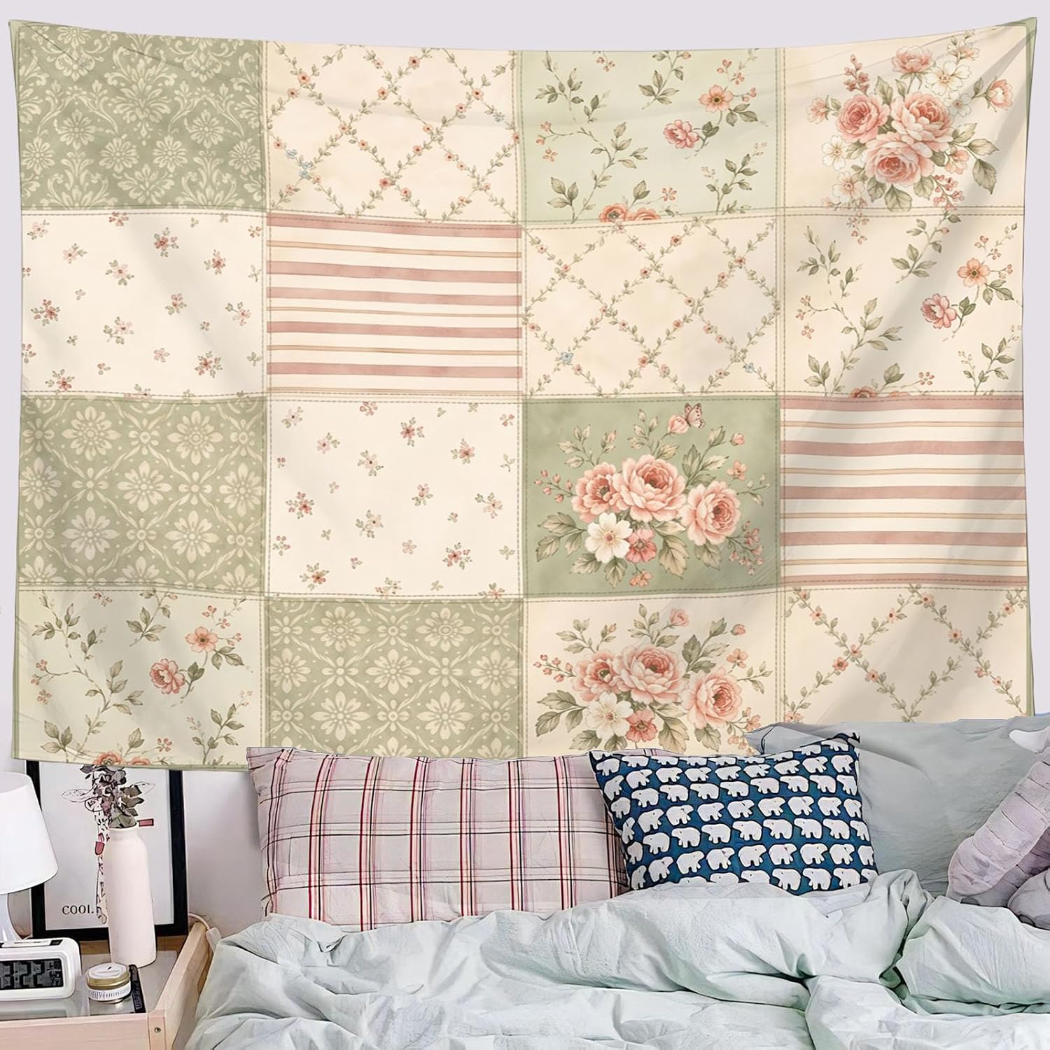 JRISEMECY Country Flower Patchwork Tapestry Wall Hanging For Bedroom Backdrop | Farmhouse Plant Grid Aesthetic Wall Art Room Decor, Beige 40"X30" Tapestry For Dorm, Apartment And Living Room