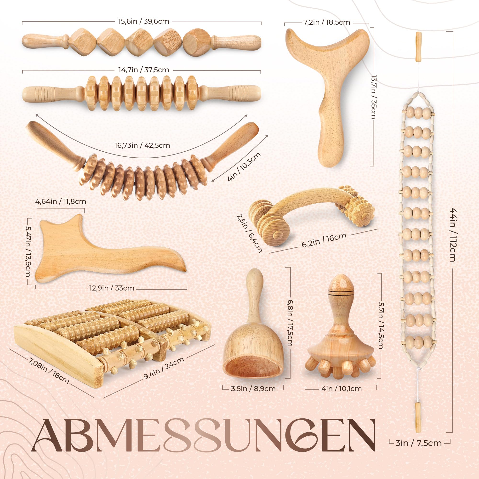 Ezero Maderotherapie Set 10 Stück mit Tasche und Anleitung - Maderotherapie Holz mit Faszienstab Holz - Massage Set mit Massageroller Beine, Faszienrolle, Body Gua Sha und Madero Massage