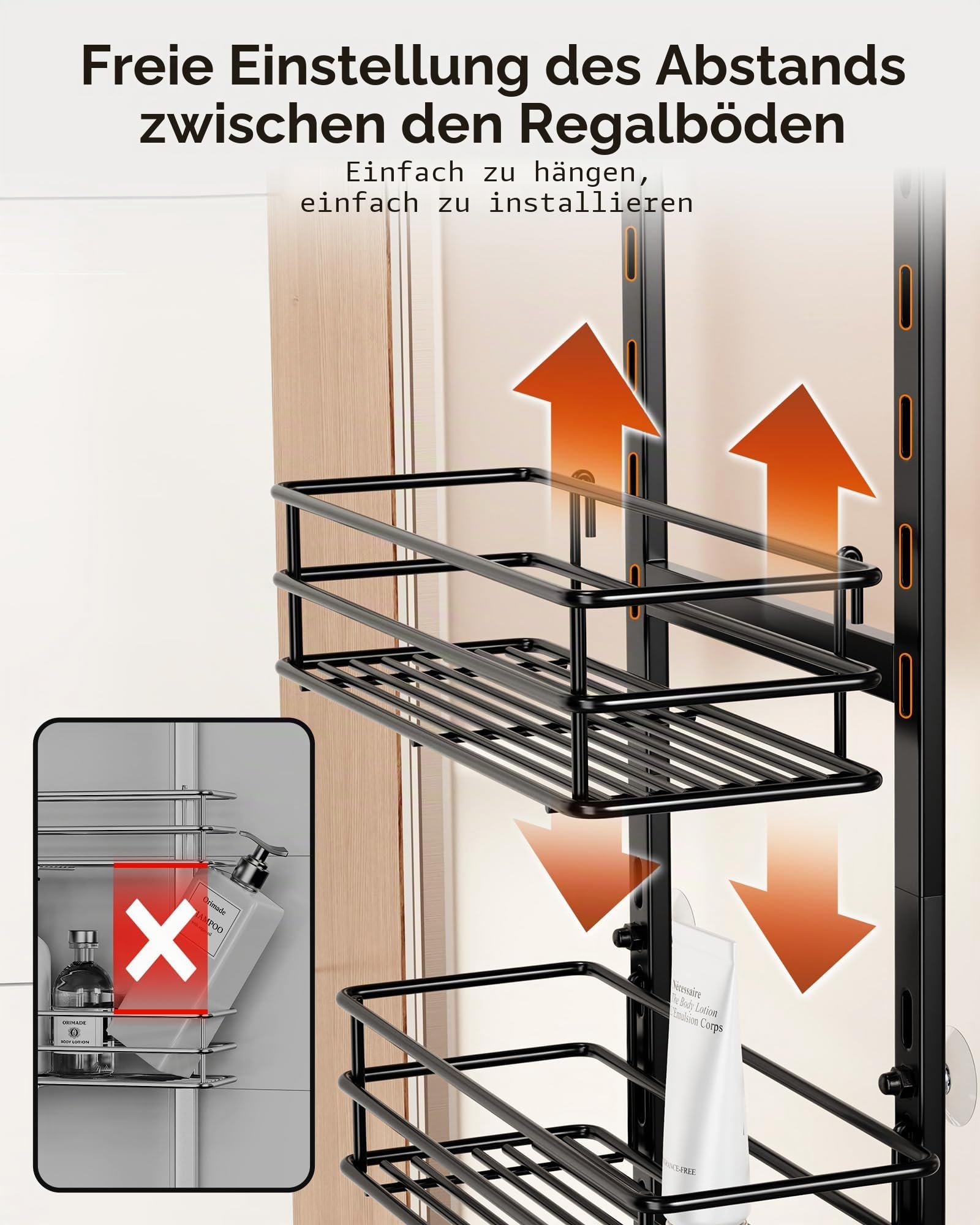 Orimade Duschregal über der Tür, verstellbar, rostfrei, mit Haken, Shampoo-Halter, Badezimmer-Regal mit Seifenhalter, Duschkorb mit Saugnapf, extra groß, 5 Etagen (US-Patent)