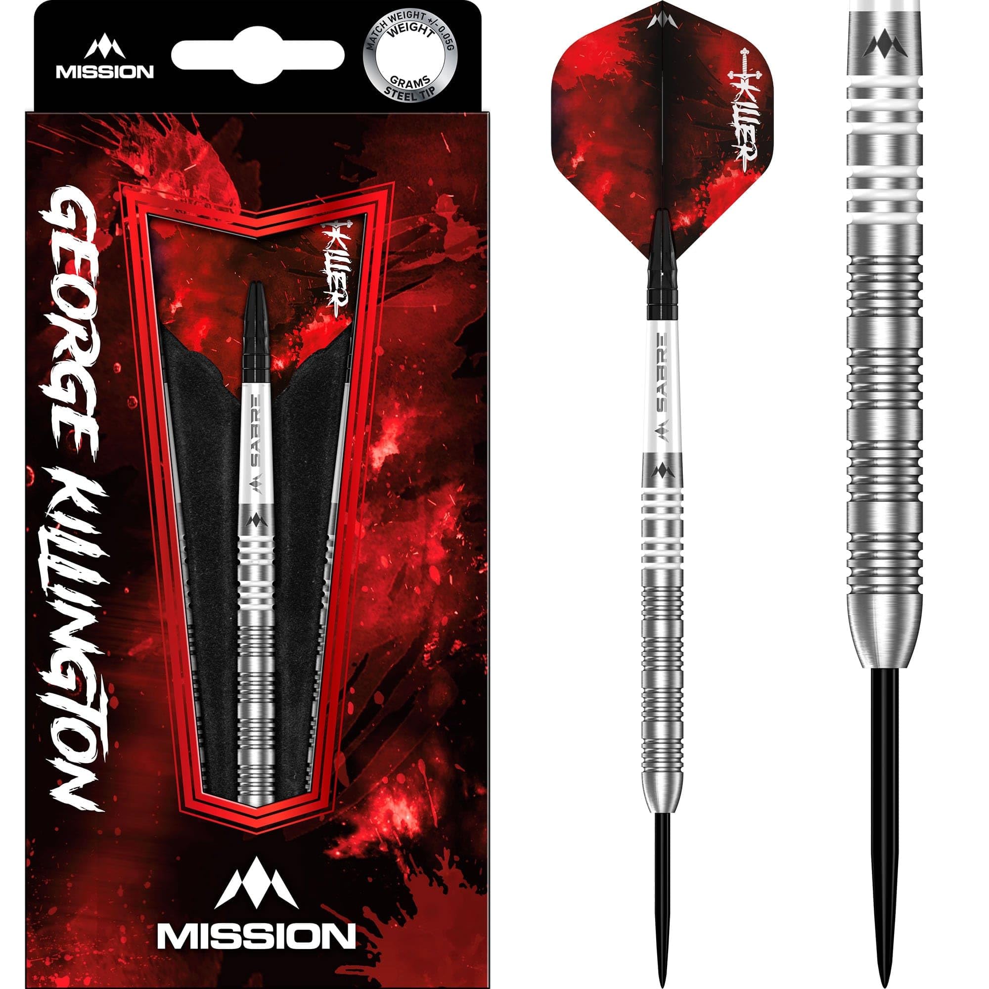 Mission Darts | George Killington Darts | Steel Tip Darts Set | 95% Tungsten Barrel | Includes Dart Flights and Stems | Available in Multiple Weights. (24, Grams)