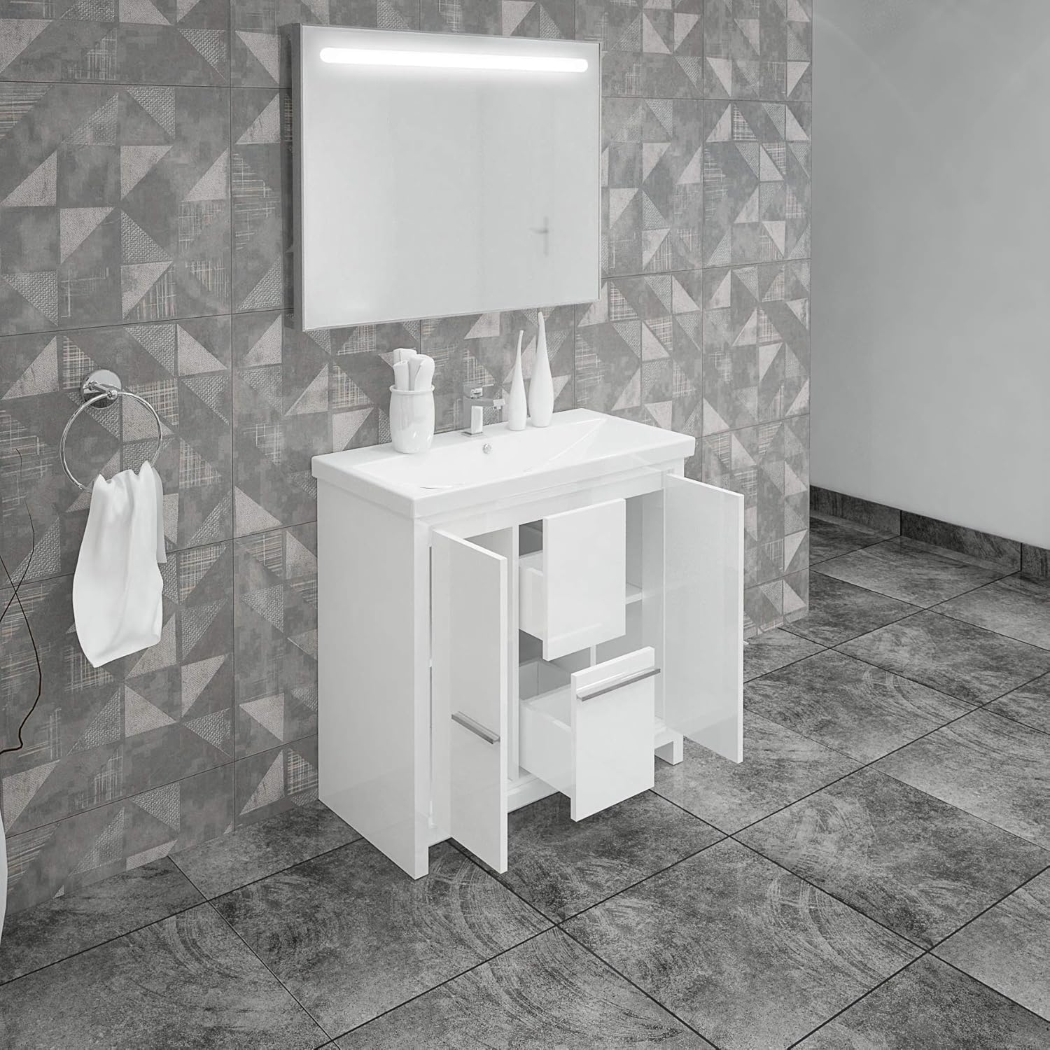 36 Inch Single Sink Bathroom Vanity with LED Mirror | Made of Wood | Soft Closing Doors & Drawers | Modern European Wood Cabinet & Ceramic Sink Combo Set | Free Standing | Glossy White