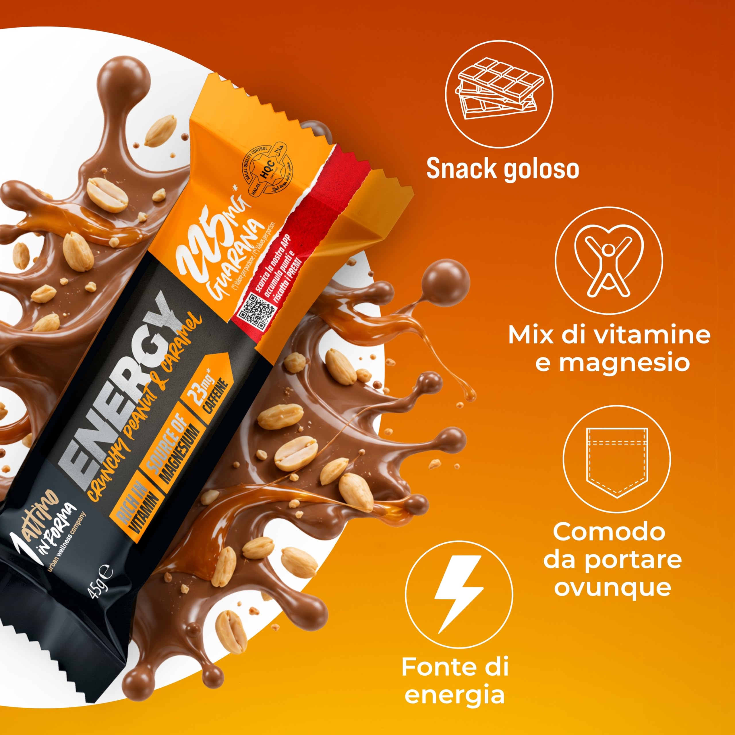 1 ATTIMO IN FORMA Barrette Energetiche Crunchy 24x45g Cioccolato al Latte, Arachidi e Caramello, Barretta Energetica con Magnesio, Vitamine e Guarana Barrette Cioccolato per Sport e Ciclismo