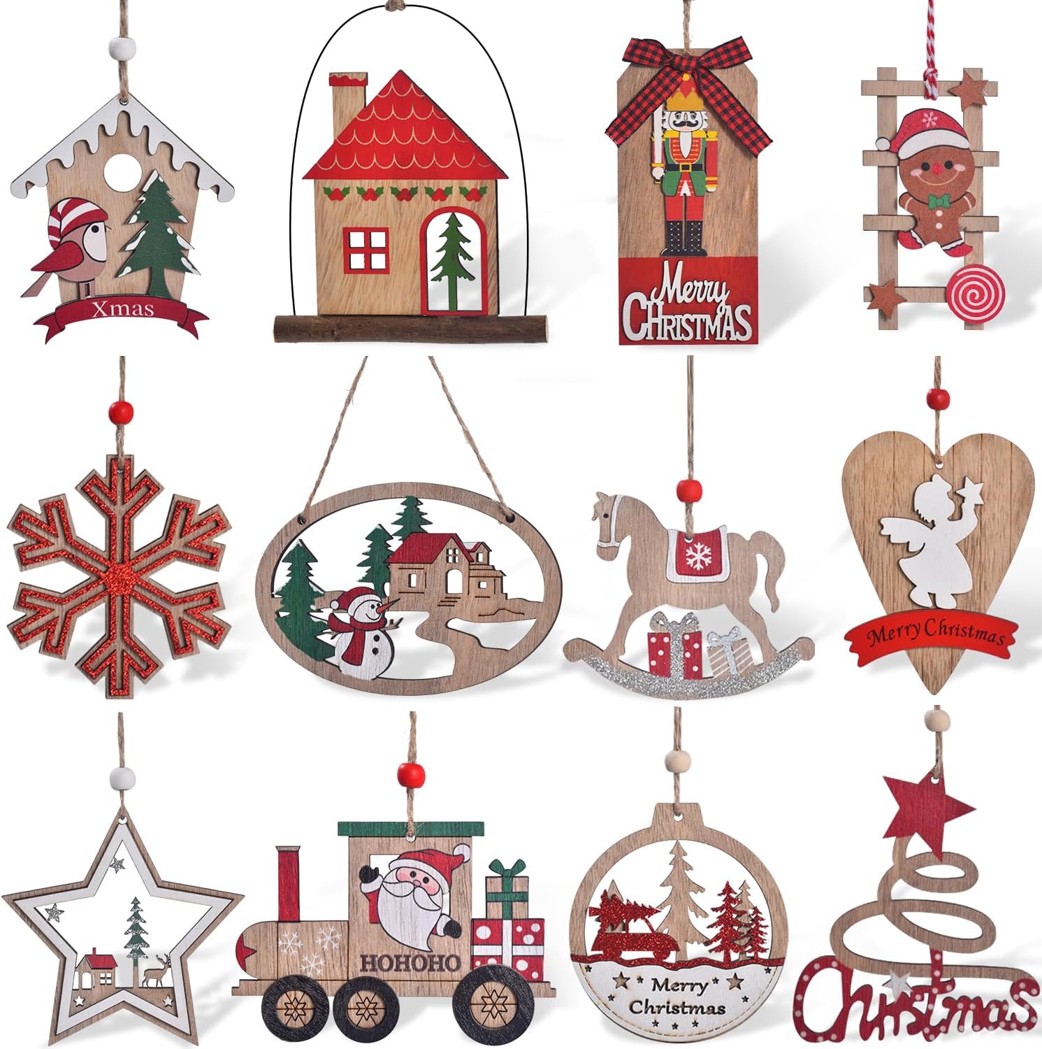 IDATOO Christmas Ornaments, 12 PCS Wooden Christmas Tree Decorations, 3D Rustic Farmhouse Christmas Ornaments Sets Holiday Hanging Decor Keepsake for Party Holiday Home Decor (12pcs Red)