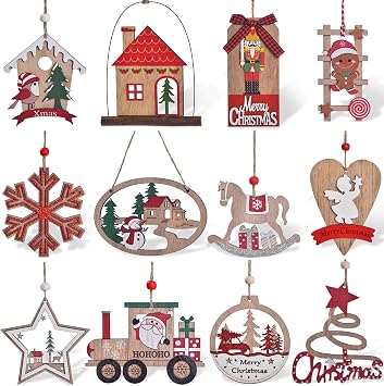 IDATOO Christmas Ornaments, 12 PCS Wooden Christmas Tree Decorations, 3D Rustic Farmhouse Christmas Ornaments Sets Holiday Hanging Decor Keepsake for Party Holiday Home Decor 12pcs Red