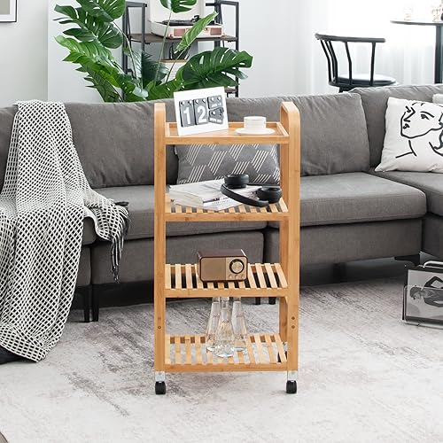 Miniatura 3 de Giantex Carrito de almacenamiento de bambú de 4 niveles, carrito de utilidad rodante, estante de almacenamiento en ruedas, organizador de carrito de
