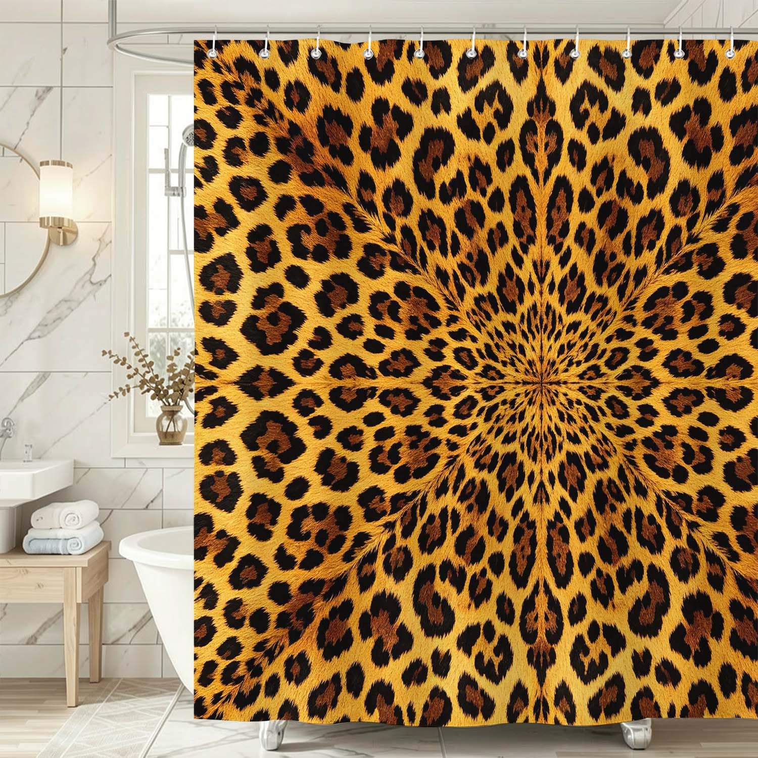Rideau de Douche Anti Moisissure Imprimé Léopard, Rideau de Bain Mode 3D Rideaux de Douche en Polyester, Imperméable, Lavable en Machine, avec Crochets, 300 x 200 cm 1771-YLP