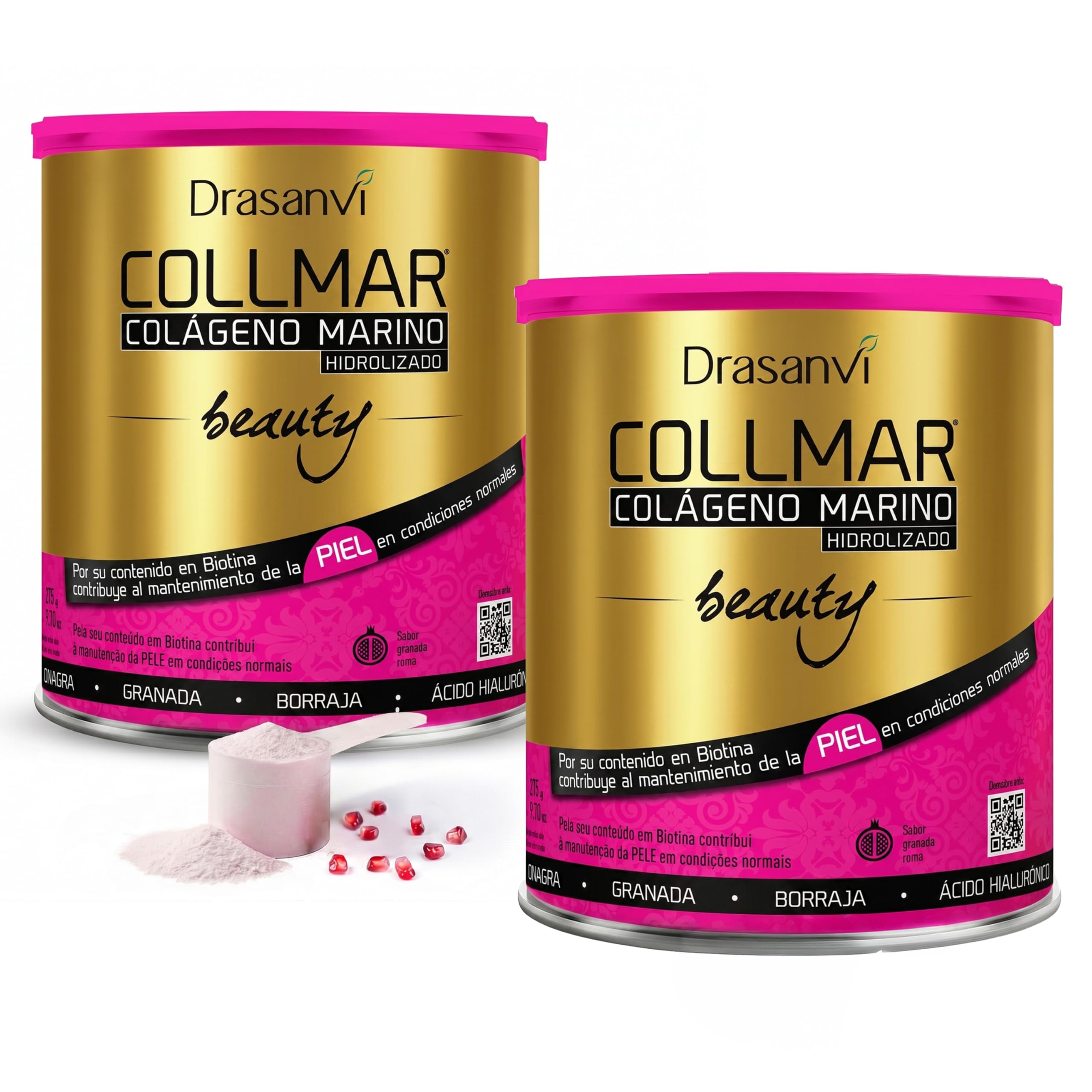 Drasanvi Colágeno Marino Hidrolizado Beauty 2 x 275 g | Ácido Hialurónico + Biotina + Vitamina C Natural | Elasticidad, Firmeza y Luminosidad de la Piel | Sin Gluten | Sabor Granada