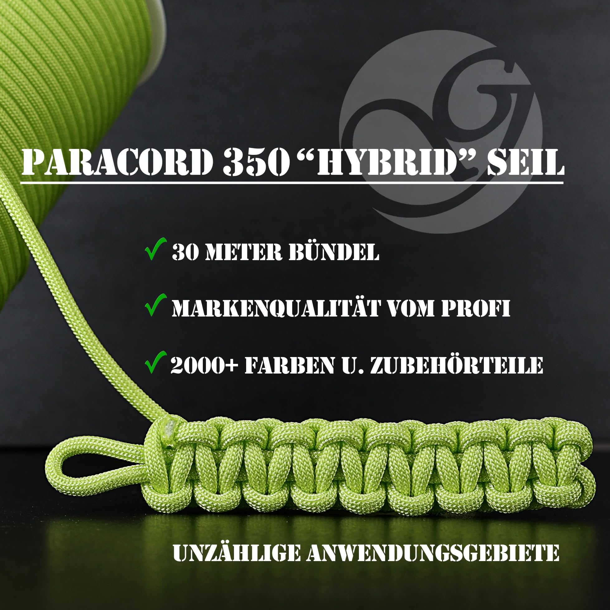 Ganzoo Paracord 350 linka 2,5 mm Typ 1 30 m, czarna refleksyjna, konstrukcja rdzeń+oplot nylon/poliester, do kempingu i survivalu, odciągania namiotu, mocowania bagażu, plecenia bransoletek i smyczy