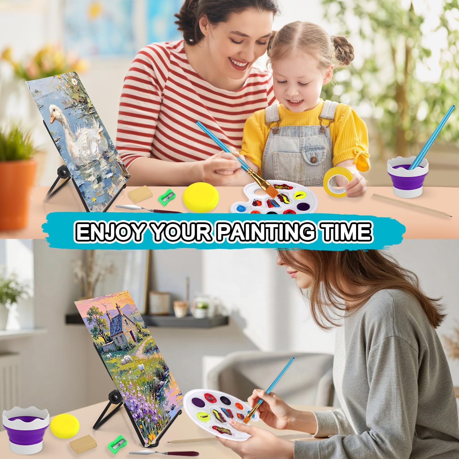 Kit de Pintura,Juego De Pinturas Acrílicas,Acrílicas 24 Colores, Con Caballete De Mesa, 8 Platos De Lienzo, 8 Pinceles, Taza De Limpieza, Esponja, Paleta,Para Artistas Principiantes