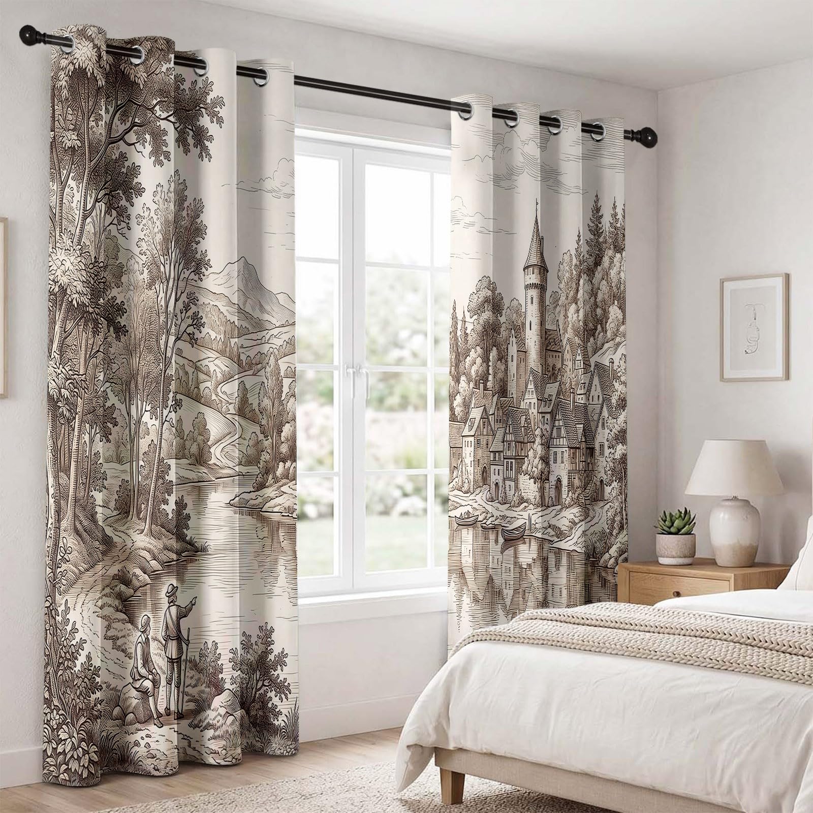 Abstrakcyjne zasłony zaciemniające 70 L x 240H cm (2 panele), termoizolacyjne mocowanie z oczkami jednokolorowe jezioro i odbicie na wodzie do domowego biura, brązowe