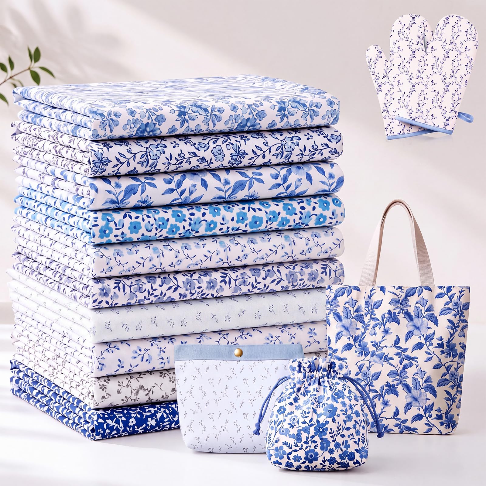 BOAO 10 Pcs 20"x20" Blue Cotton Quilting Fabric Squares Fat Quarter Bundles