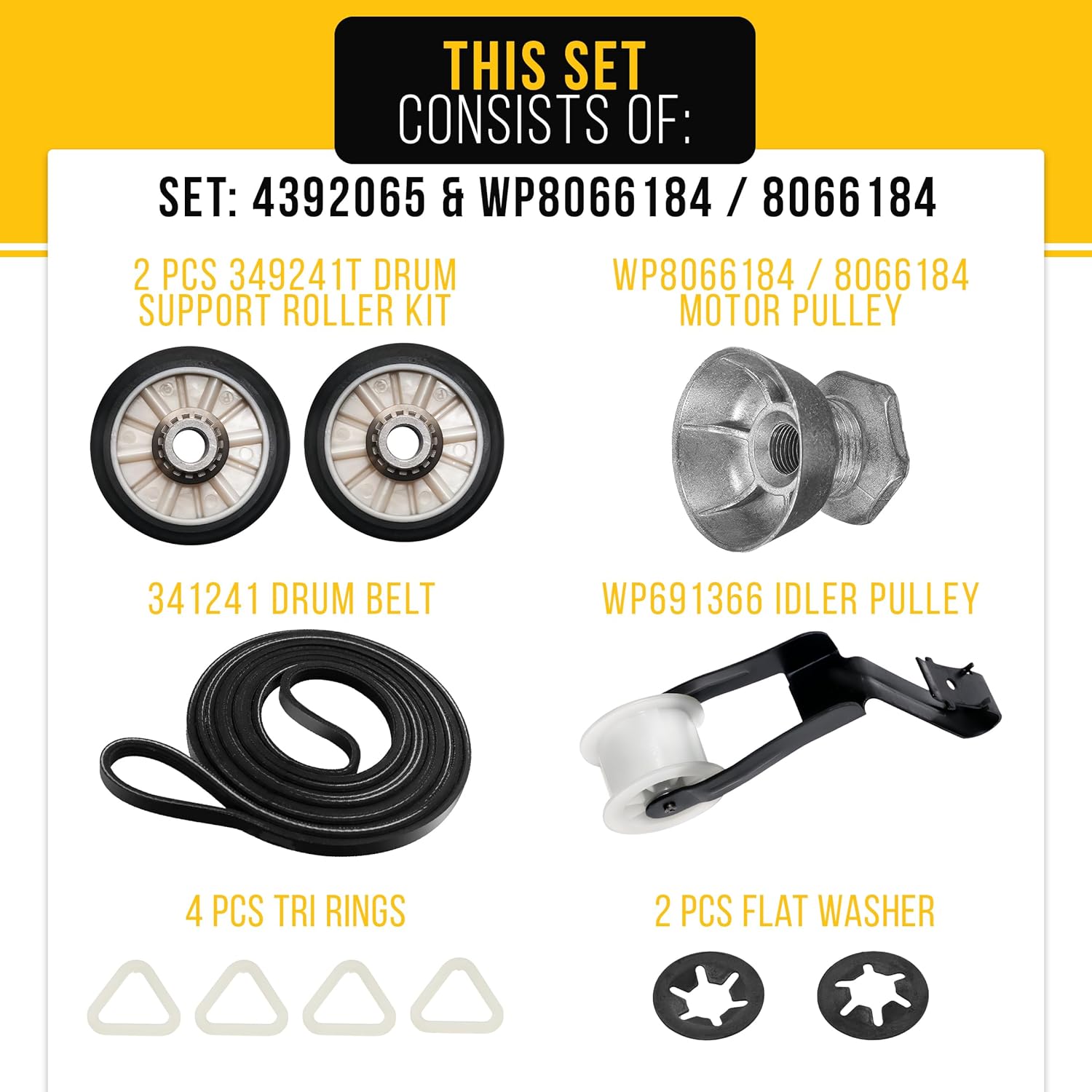 PartsBroz Dryer Repair Kit for Whirlpool WED5321SQ0 Dryer Repair Kit with Motor Pulley, Drive Belt, Drum Roller Kit, Idler Pulley