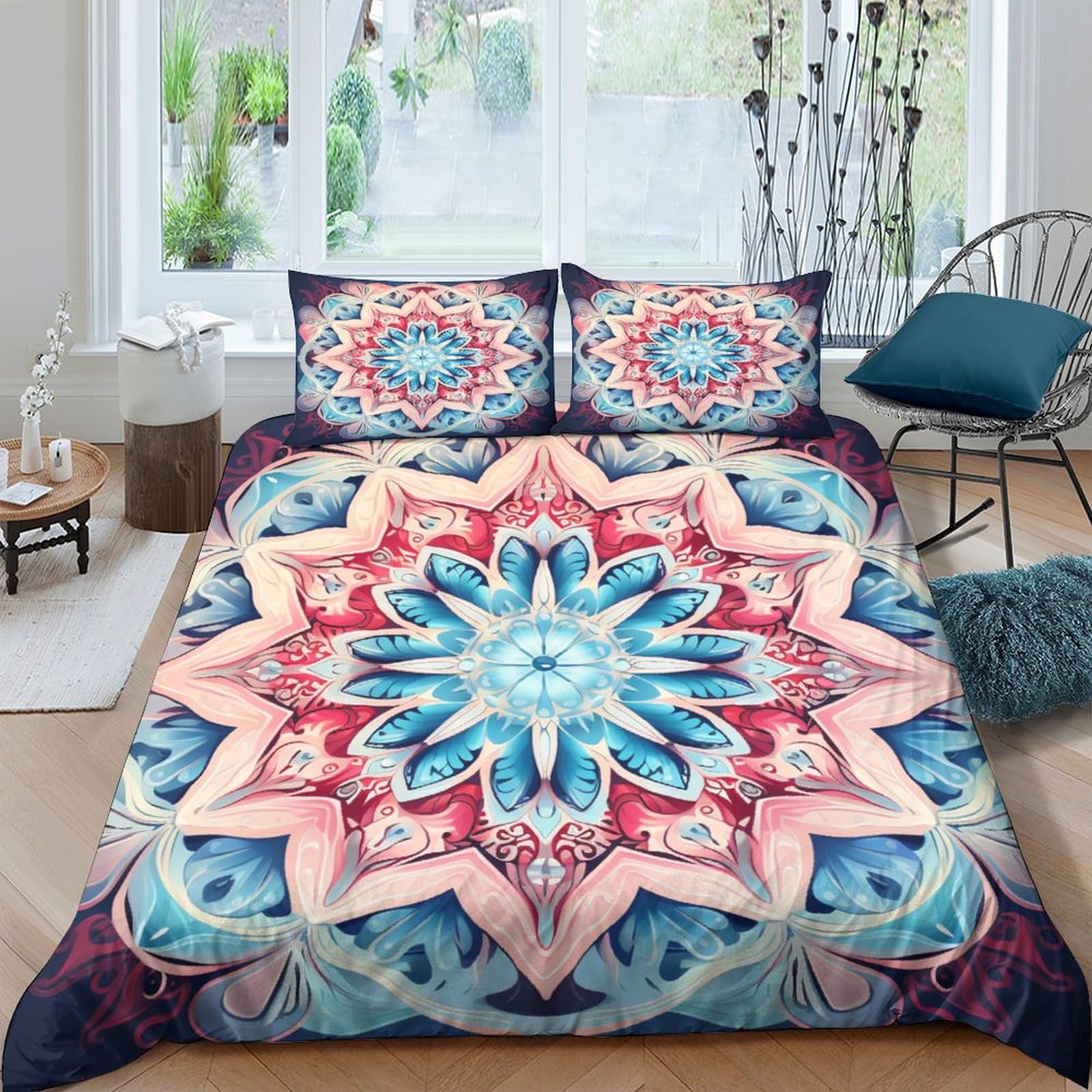 Parure de lit 3 pièces avec housse de couette 200x200 motif plantes colorées