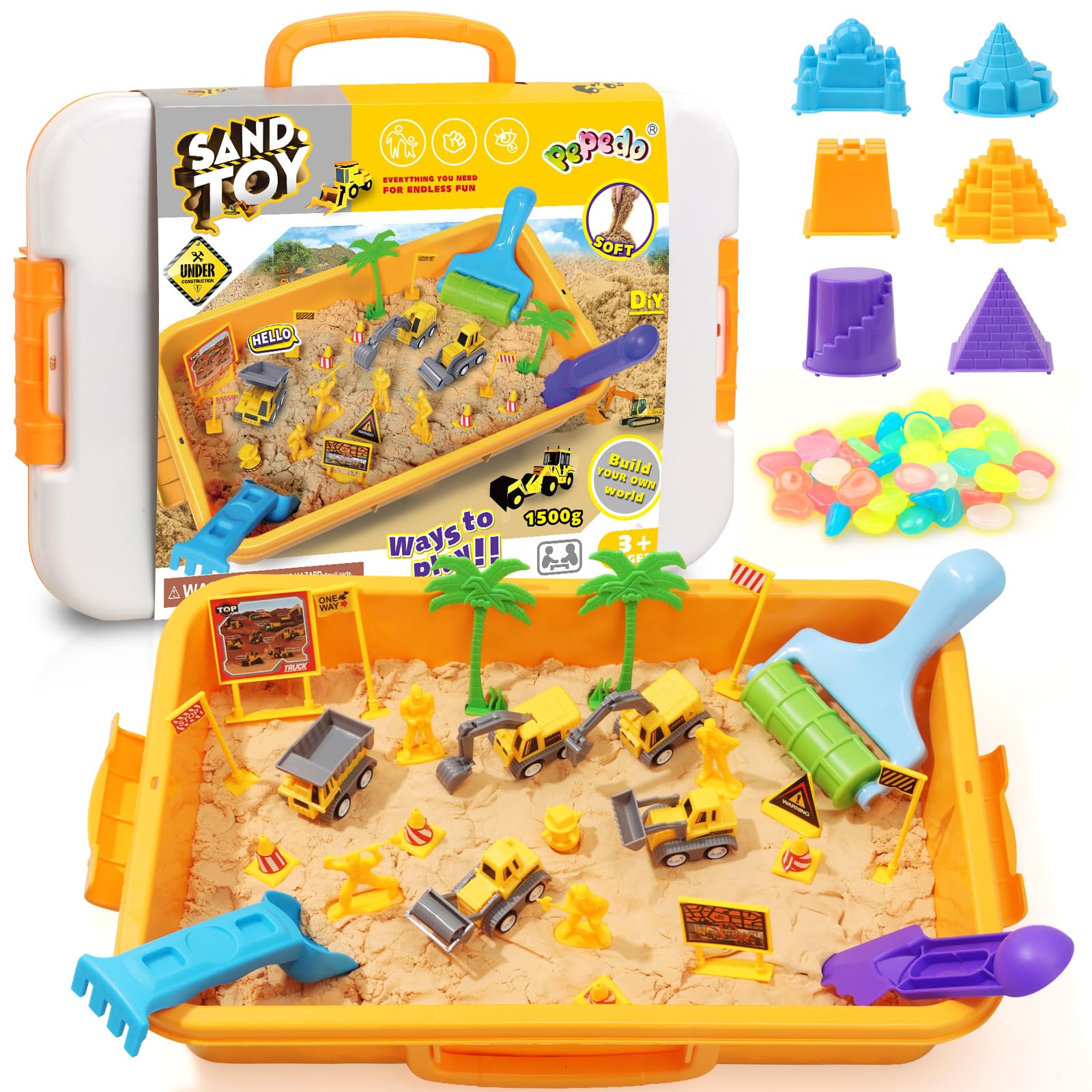 Beria Toys for 3-8 Year Old Kids: Sensory Sand Play Set for Kids Sandbox Toys with Lid Construction Truck & Glowing Stones Gifts for 2 3 4 5 Year Old Boy Toddlers Garden Activities Play Sand Toy Kits