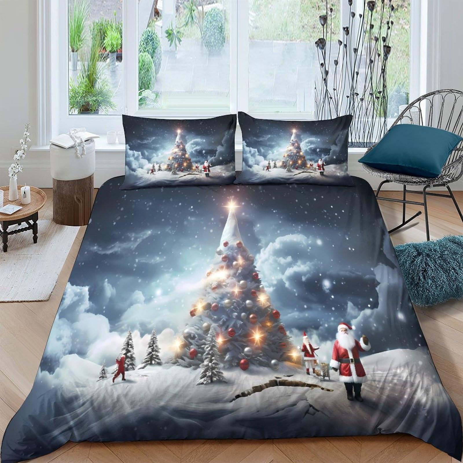 Ctjqhvkz Style-2 3D Printed Christmas Tree Fitted Sheet Microfiber Santa Snow Scene Mattress Cover Bedroom Decor Easy Care Single（135X200cm）