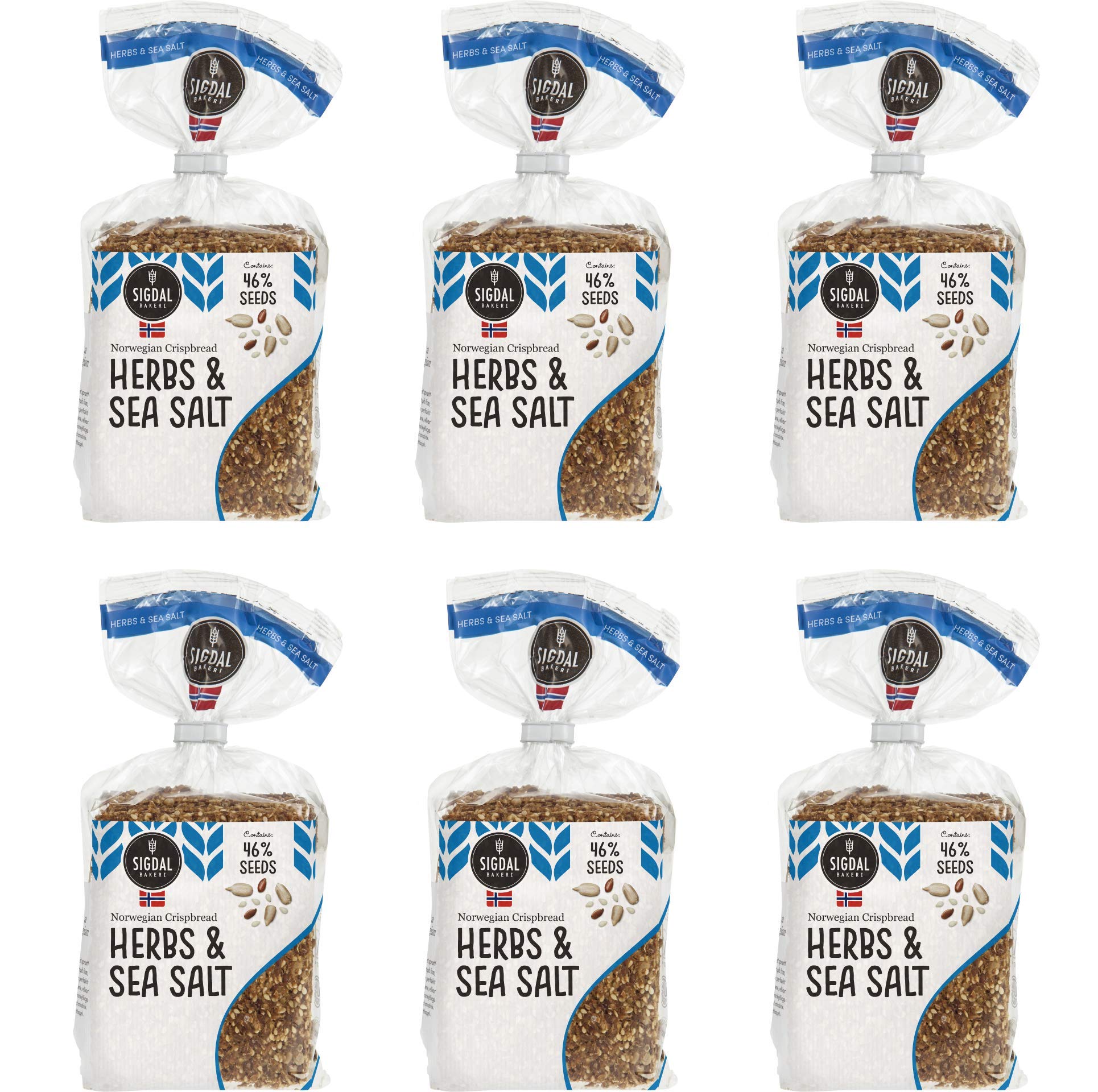 SigdalBakeri All Natural Norwegian Crispbread - Non GMO, Vegan, Sugar Free, High Fiber, Low Carbs, High Protein, Wholegrain Snack Crackers With Up To 46% Seeds (Herbs & Sea Salt, 6 Pack)