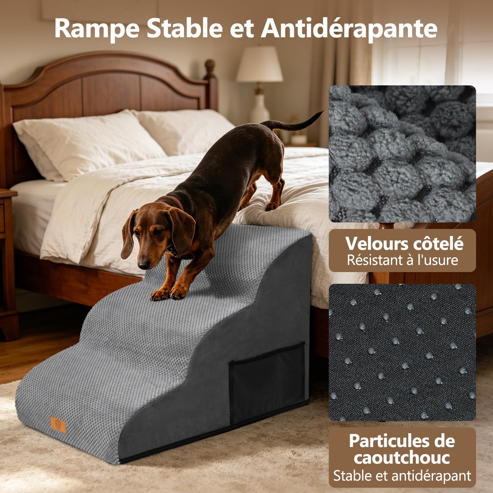 MASTERTOP Escaliers pour Chiens à 3 Marches, Rampe pour Chien Canapé - Gris | Grande Échelle Animaux en Mousse Haute Densité Antidérapante, Housse Amovible - pour Canapé et Lit