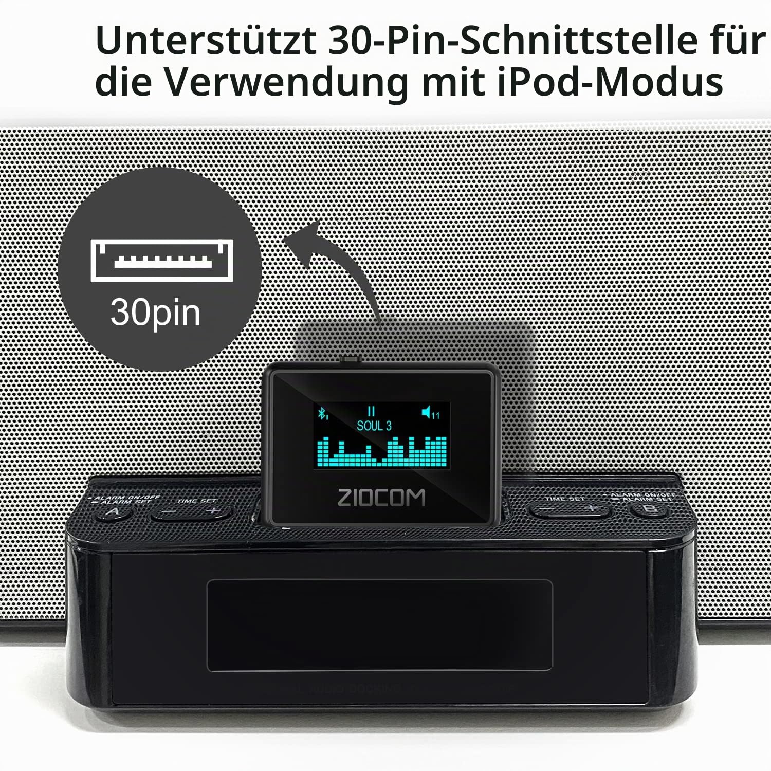 ZIOCOM 30 pin Bluetooth Adapter Empfänger für iPod Bose SoundDock und andere 30-polige Docking-Lautsprecher, mit einzigartigem Bildschirm und eingebauter Batterie (Nicht für Autos)