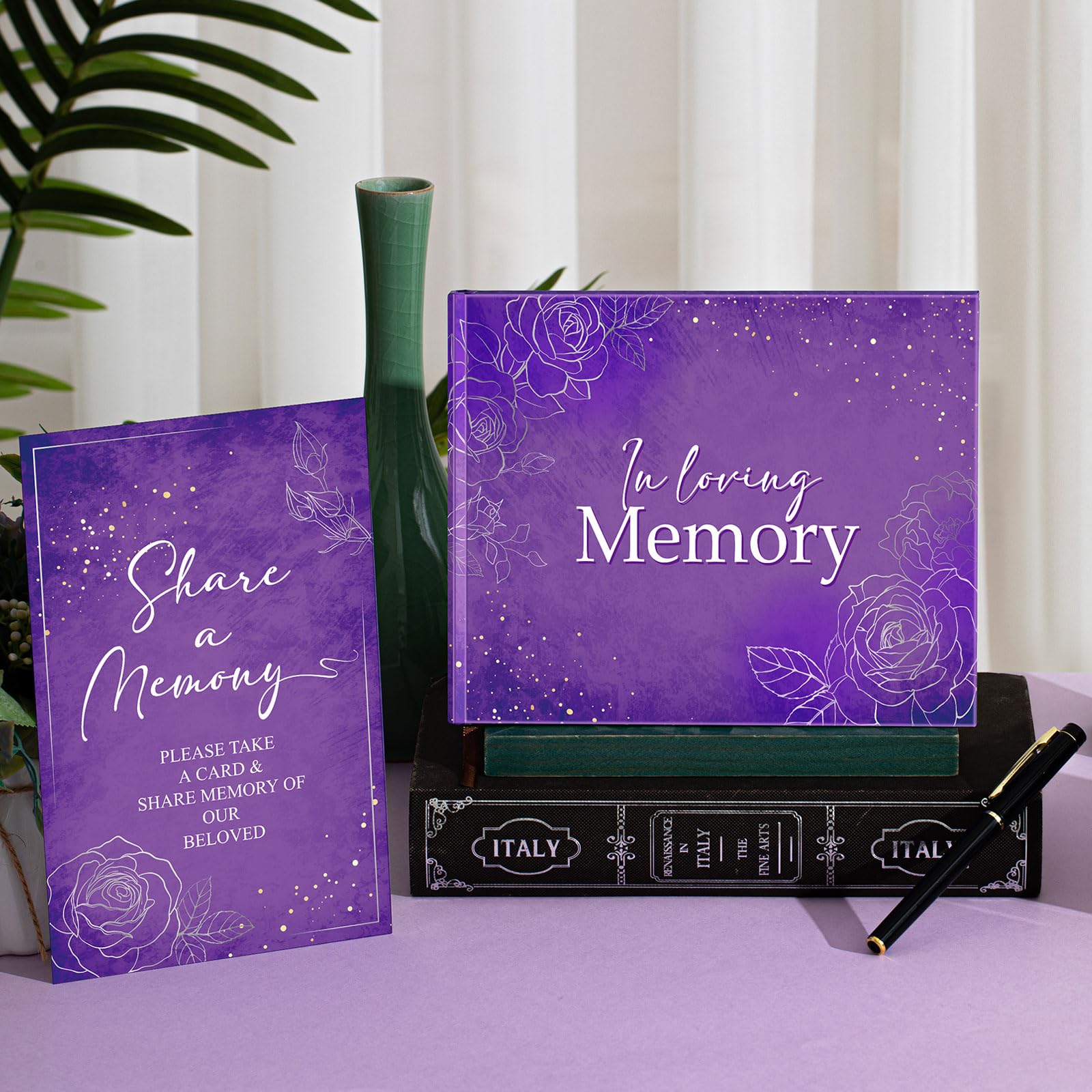 Photo 1 of MotiMind Purple Funeral Guest Book for Memorial Service Celebration of Life - in Loving Memory Guestbook Set with Memory Table Sign and Pen - Guest Sign in Book for Funeral Service