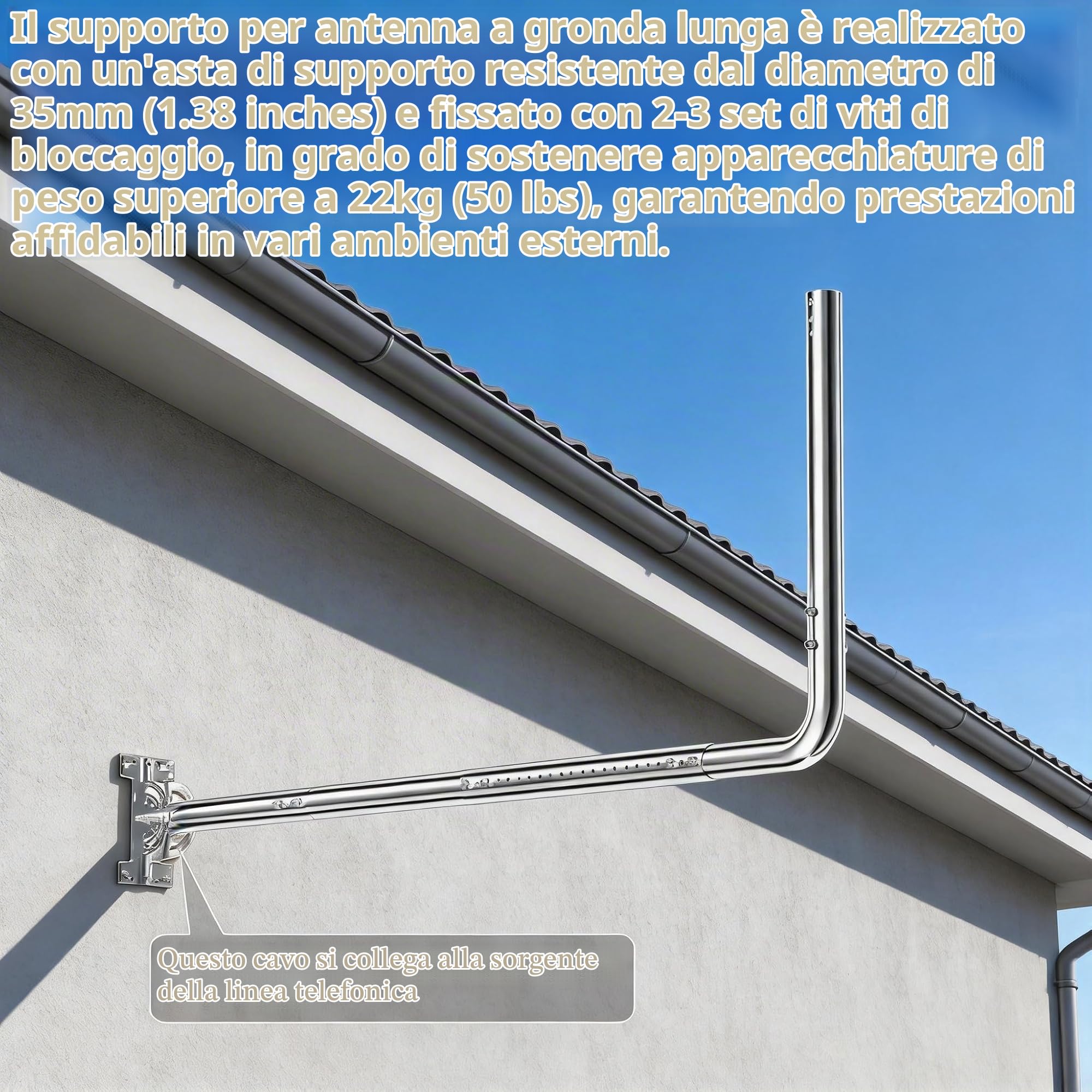 Staffa Antenna TV Esterno, Supporto Antenna Parete Lunga con Gomito a 90°, Antenna Regolabile con Tubo di Prolunga, Staffa Antenna Muro per Grondaia, WiFi Bridge Esterno, CPE e Weather Station