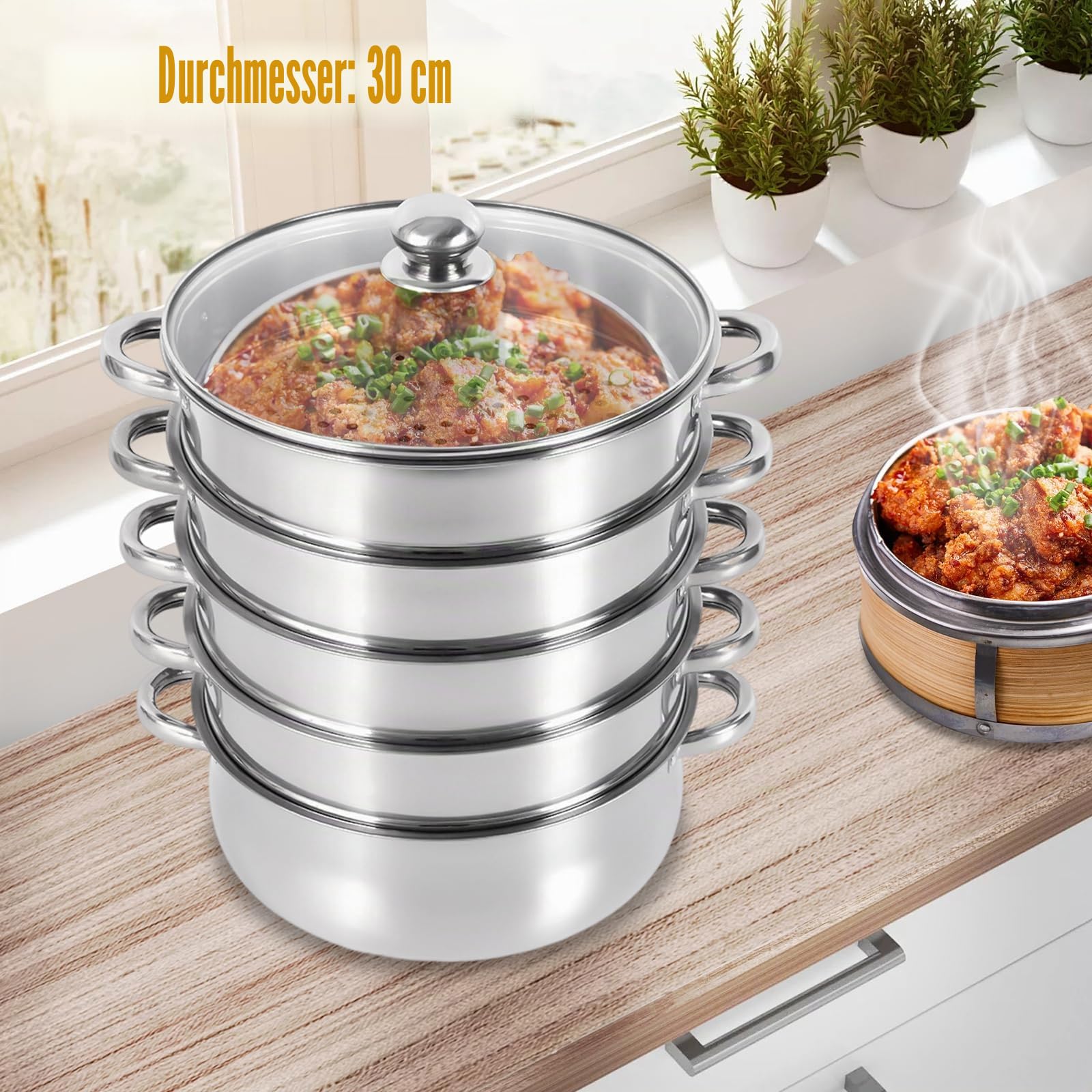 5 Lagiger Dampfgare 30cm, Multifunktionale Edelstahl Dampfkocher Kochtopf Set, mit Glasabdeckung Edelstahldampfer, Silbrig Dampfgarer Topffür Alle Herdarten wie Induktion, Elektrokeramik, Elektro