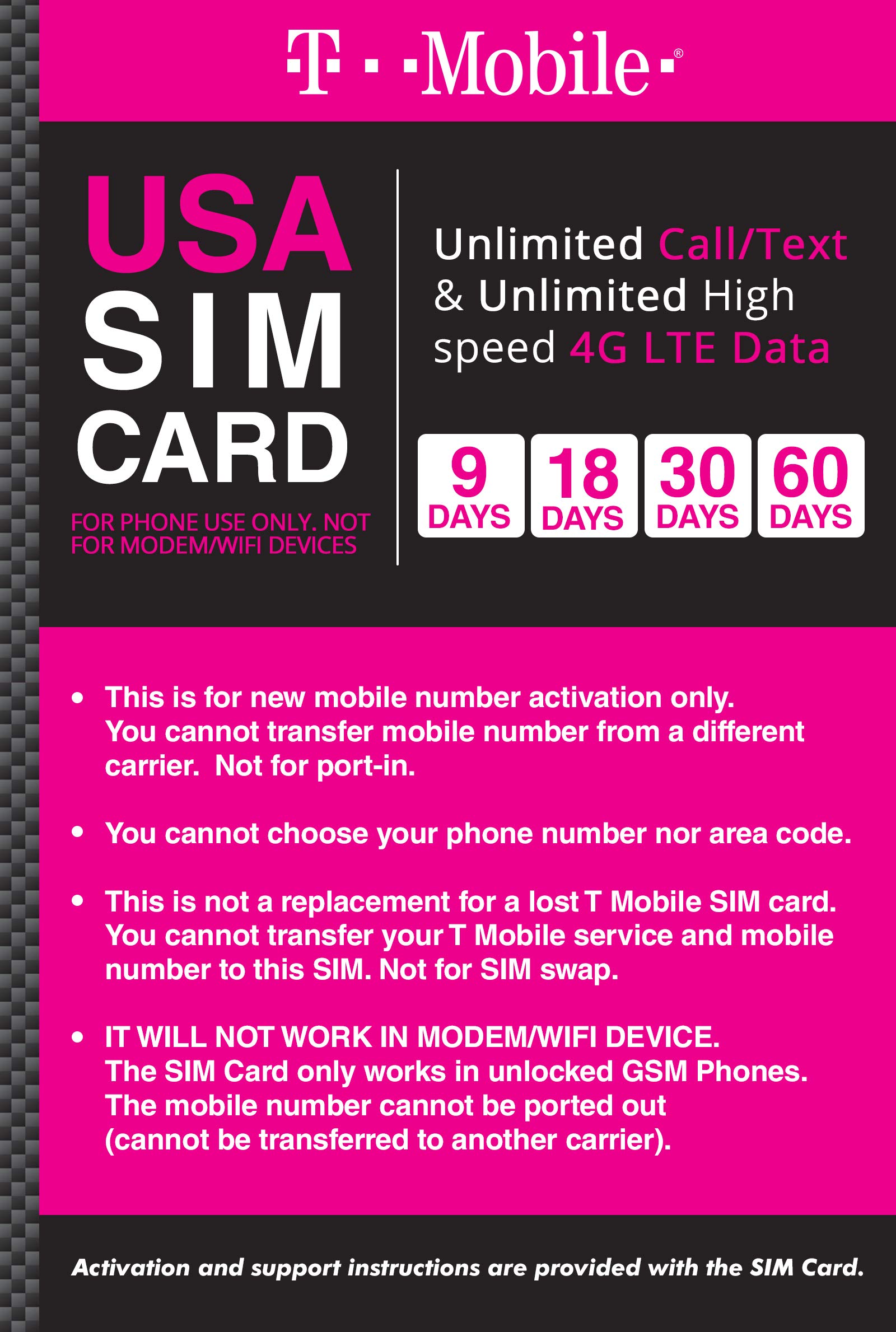 T-Mobile Brand USA Prepaid Travel SIM Card Unlimited Call, Text and 4G LTE Data (for Use in USA Only) (for Phone Use Only. Not for Modem/WiFi Devices) (30 días)